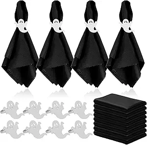 Bokon 8 Pack Halloween Napkin Ring Set Fall Thanksgiving Metal Napkin Rings and Washable Dinner Napkins for Home Dinner Table Setting, Halloween Party Decorations(Ghost,Black)