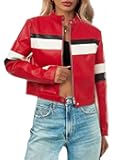 Womens Cropped Moto Biker Jackets Faux Leather Bomber Jacket Color Block Vintage Racing Coats