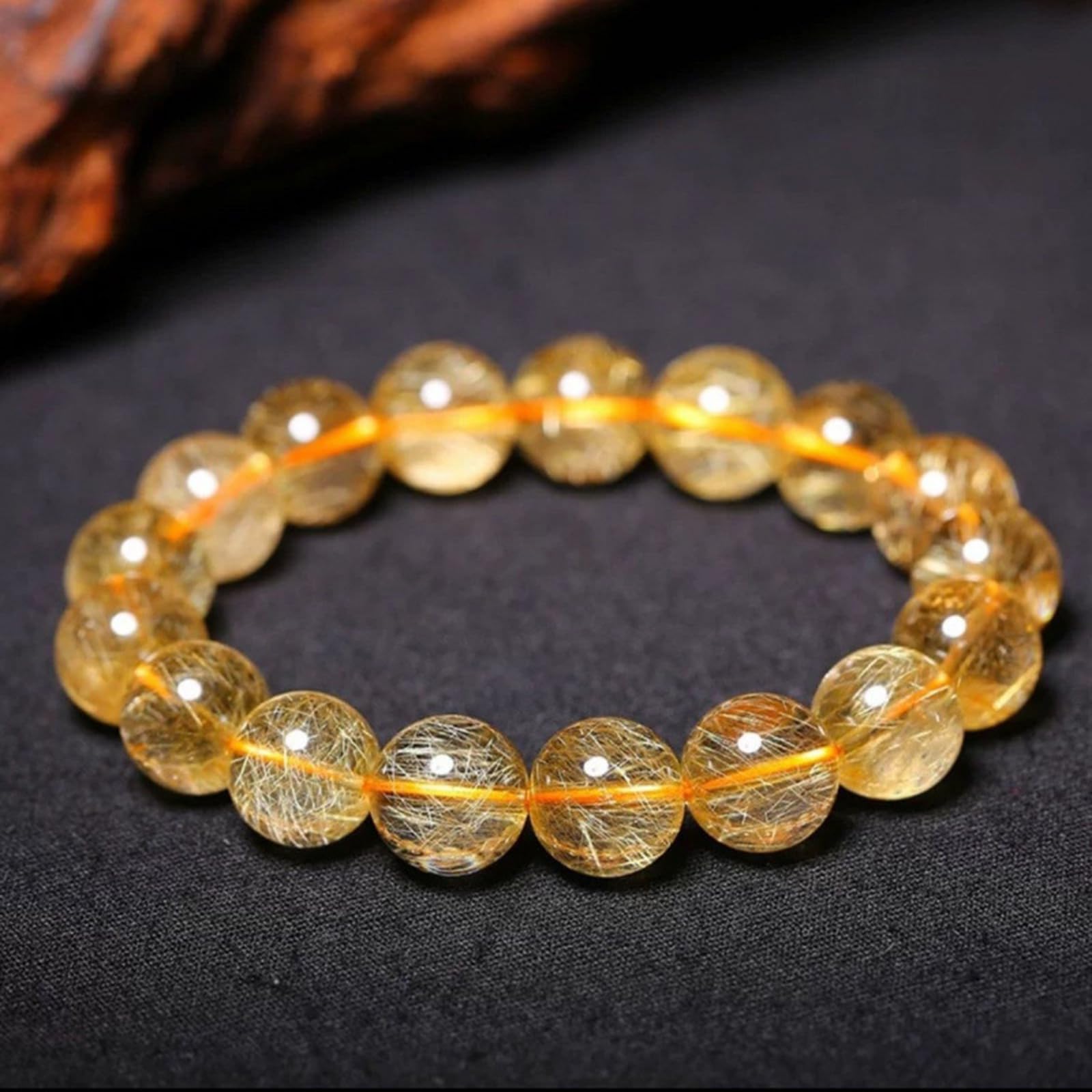 Bracciale in Autentico Quarzo rutilato Titanio Dorato Brasiliano | Bracciale rigido elasticizzato che attrae ricchezza, gioielli energetici unisex con pietre preziose naturali