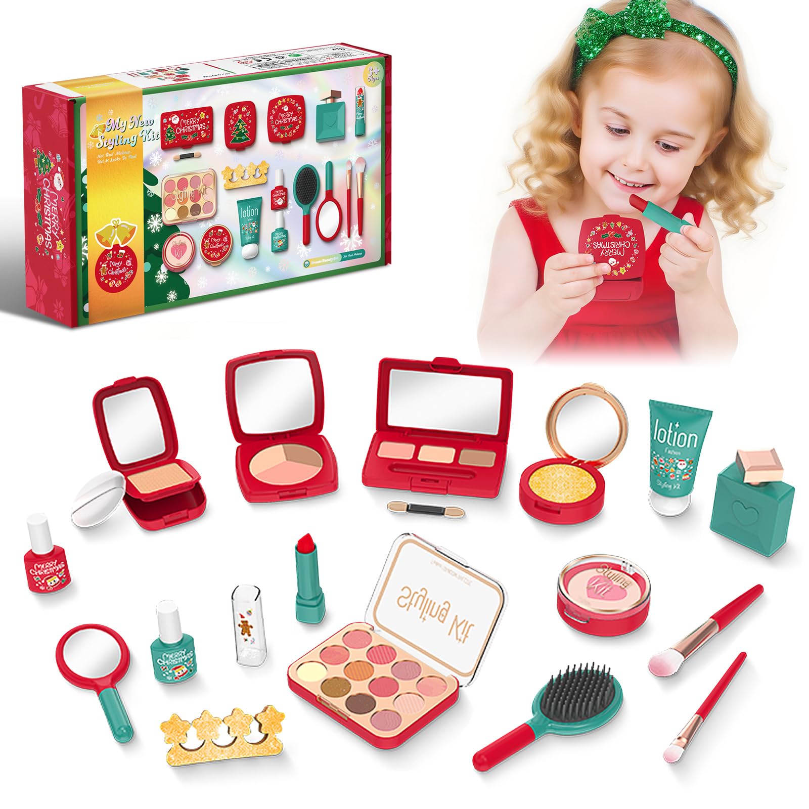 Vattikam Kids Makeup Toy Set - Christmas Themed Fake Makeup Set for Girls Ages 3+ | Safe Non-Toxic Pretend Play Make up Cosmetic Beauty Kit with Lipstick, Eyeshadow, Mirror, Makeup Brushes
