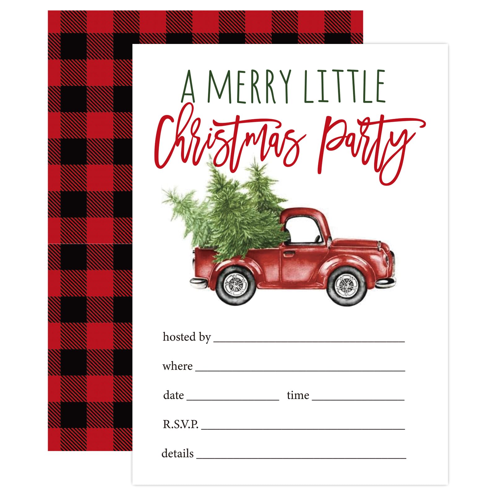 Whaline 25 Pack Christmas Party Invitation Cards Watercolor Vintage Red Truck Invitation Paper Cards with Envelopes Red and Black Plaid Xmas Holiday Party Invites