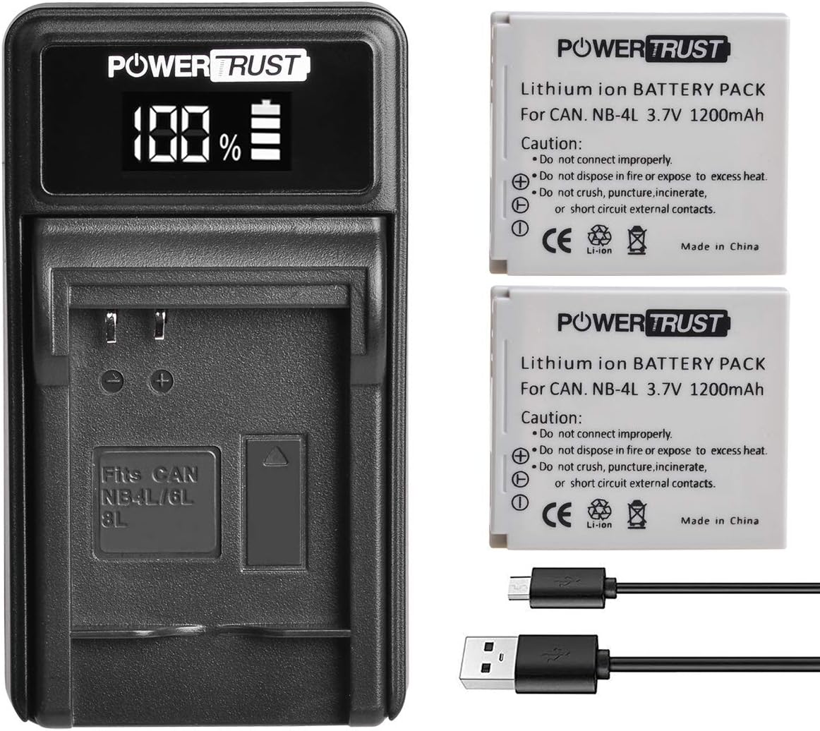 PowerTrust 2x NB-4L NB 4L Battery and Charger for Canon IXUS 255 HS, IXUS 230 HS, IXUS 220 HS, ELPH 300 HS, IXUS 130, IXUS 115 HS, IXUS 117 HS, IXUS 100 IS, TX1, IXUS 120 IS,SD960 IS, SD750