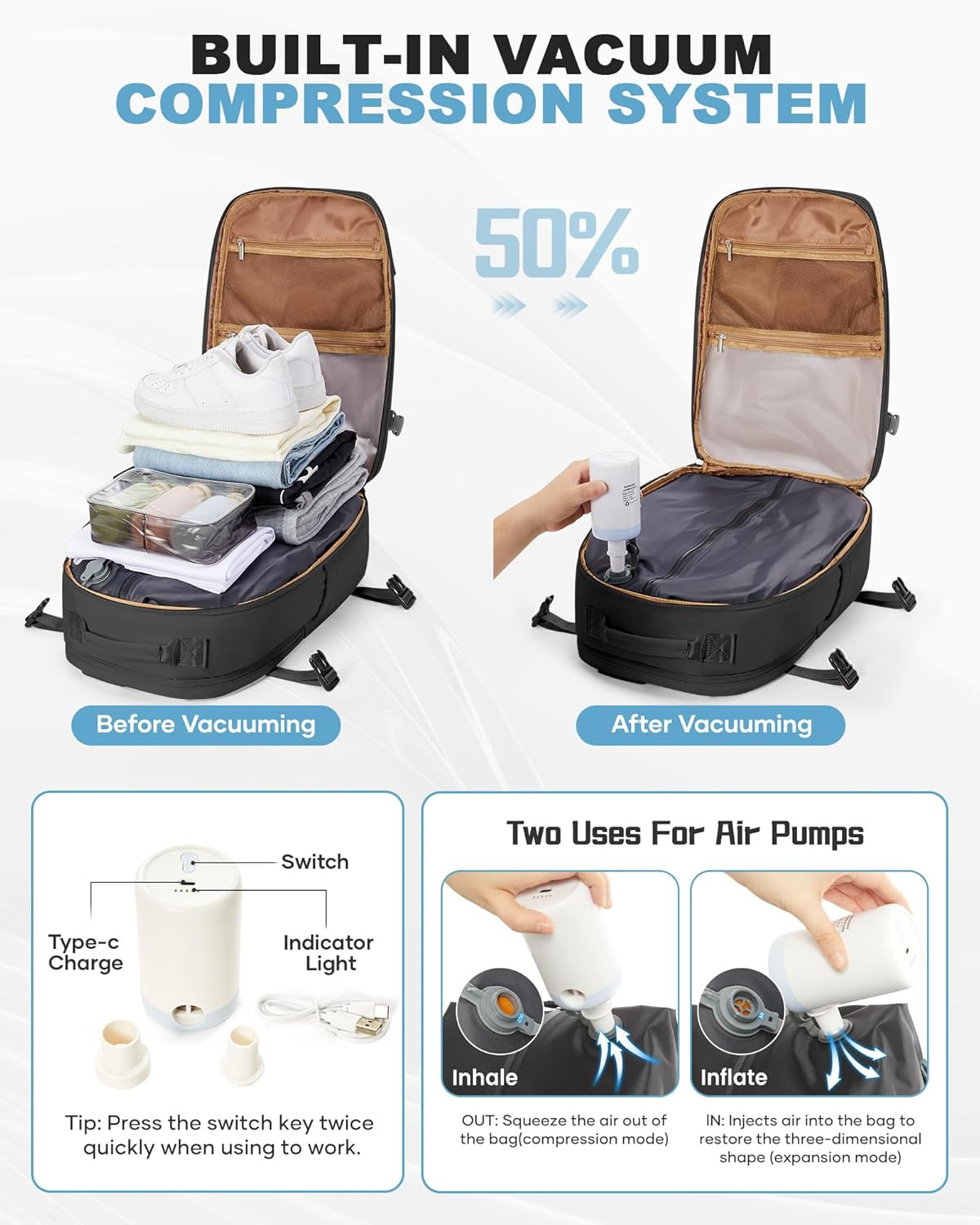 coofay Vacuum Backpack Travel with Pump Vacpack Backpack with Vacuum System Travel Compression Backpacks for Women Mochila De Viaje Carry on Luggage - Image 2