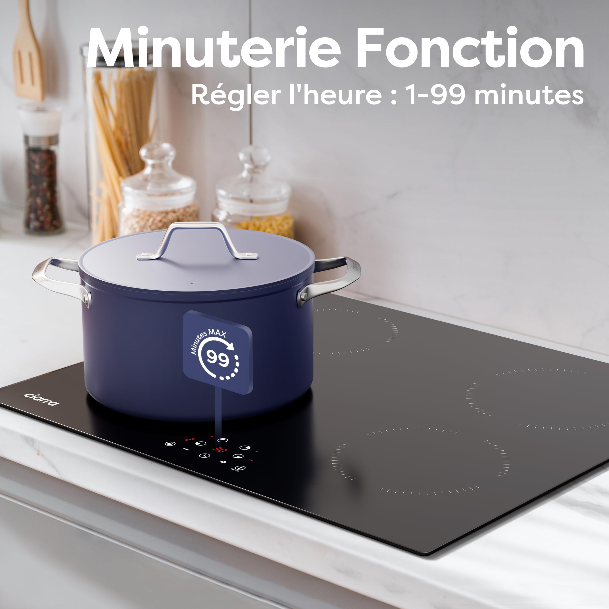 CIARRA Plaque de Cuisson à Induction - 4 Foyer 6000W - Table de Cuisson Encastrable - Commande Tactile - 9 Niveaux - CABBIH4-A