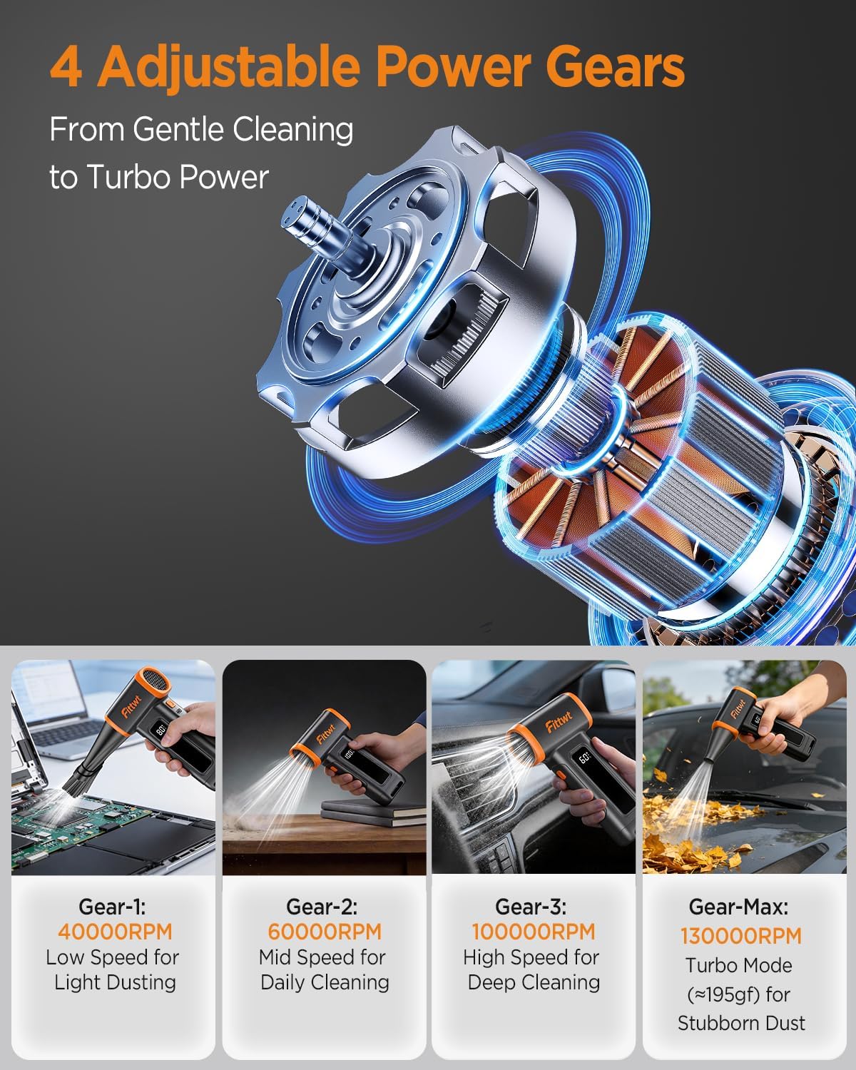 Compressed Air Duster 2-in-1 Electric Air Duster with Vacuum, 130,000RPM Turbo Blower, 4-Gear Adjustable Power, 2 × 4000mAh Rechargeable Cordless Air Blower with LED Light for Keyboard, PC, Car, Home