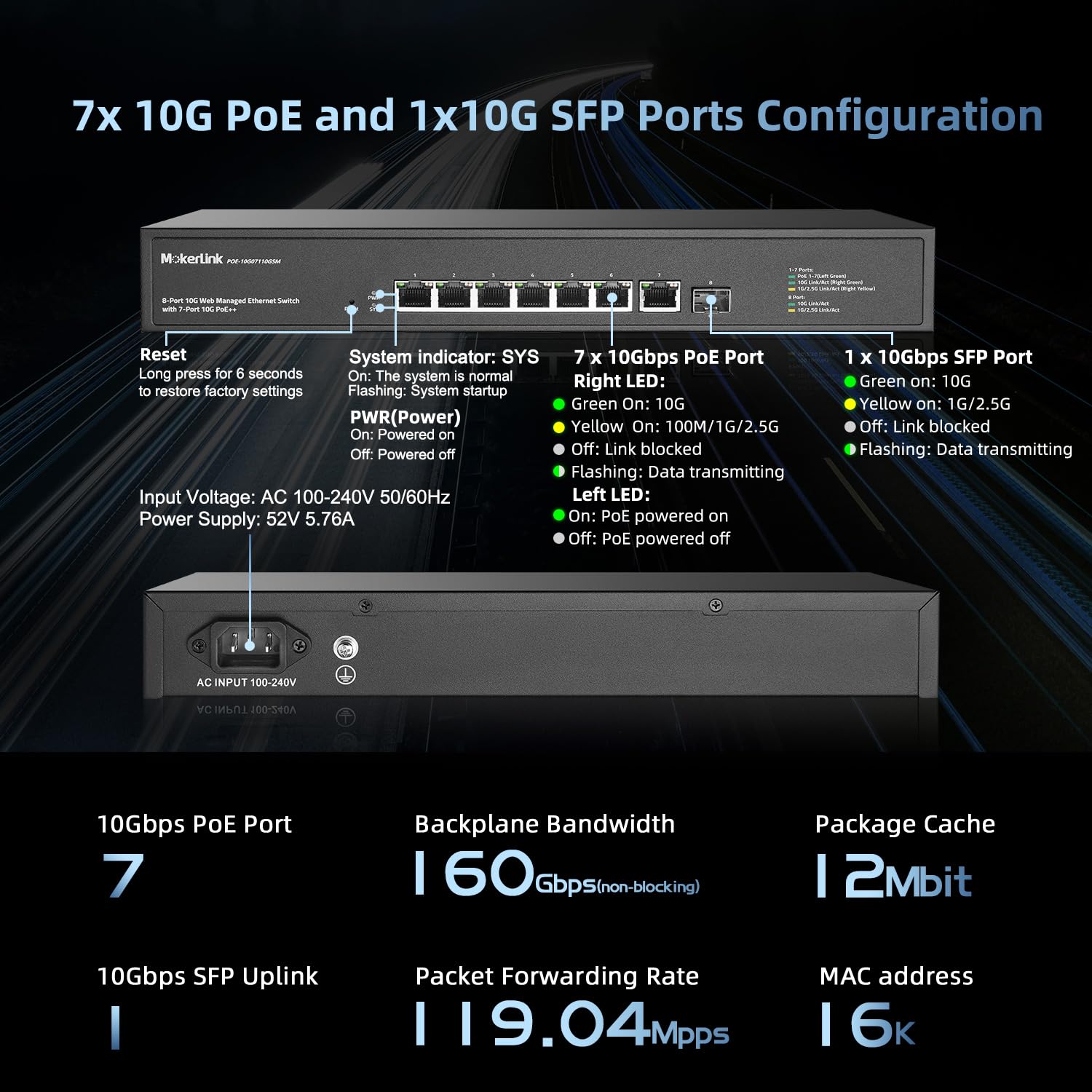 MokerLink 8 Port 10 Gigabit PoE Web Managed Switch z 10G SFP+, 7 portów PoE++ IEEE802.3af/at/bt 260W, zarządzany przełącznik sieciowy do montowania w szafie