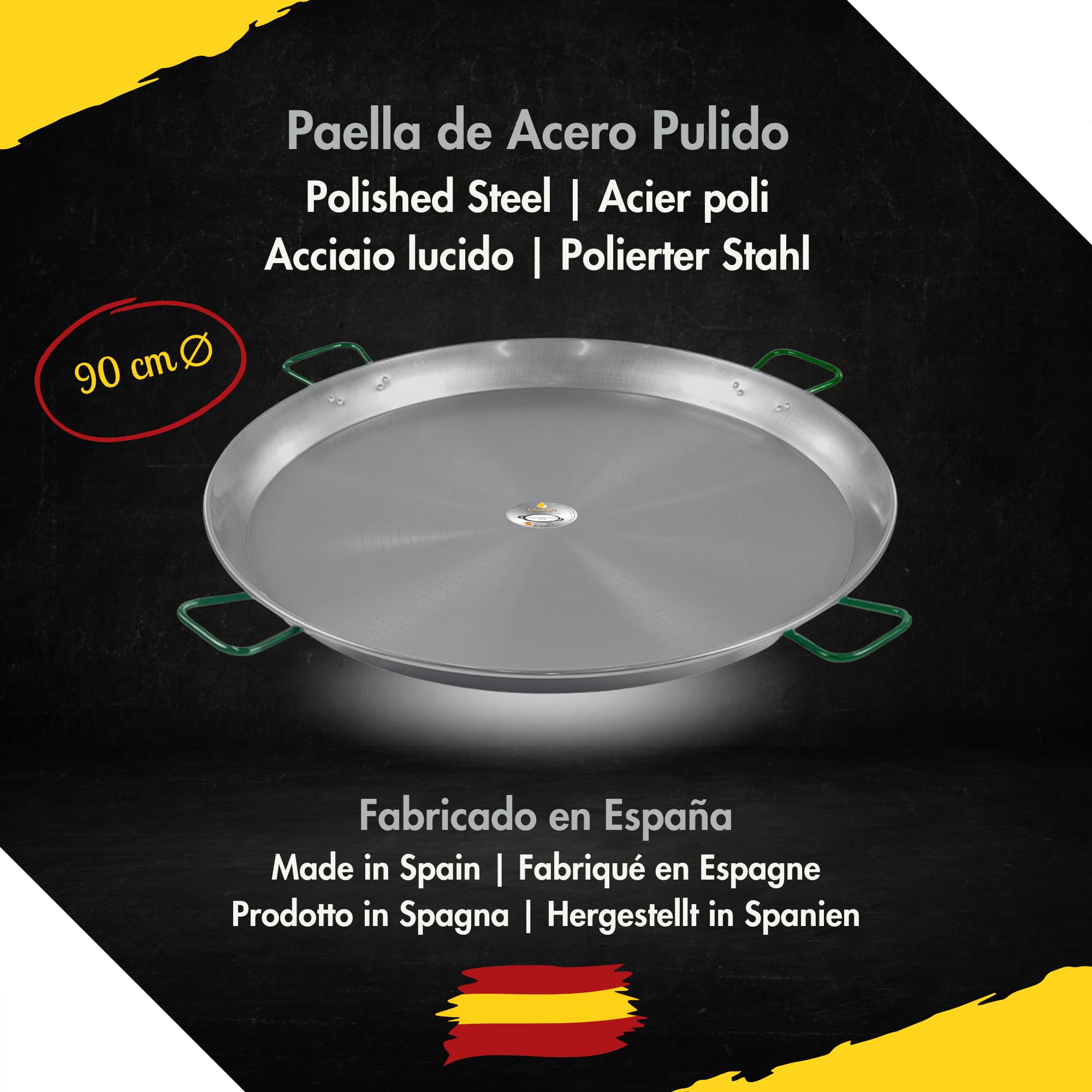 Comboi - Paellero a gas butano 70 cm, Kit Bruciatore Paellera in Acciaio Lucidato 90 cm, Supporto con Gambe Rinforzate, Livello, Grembiule, Libro di Ricette Digitale