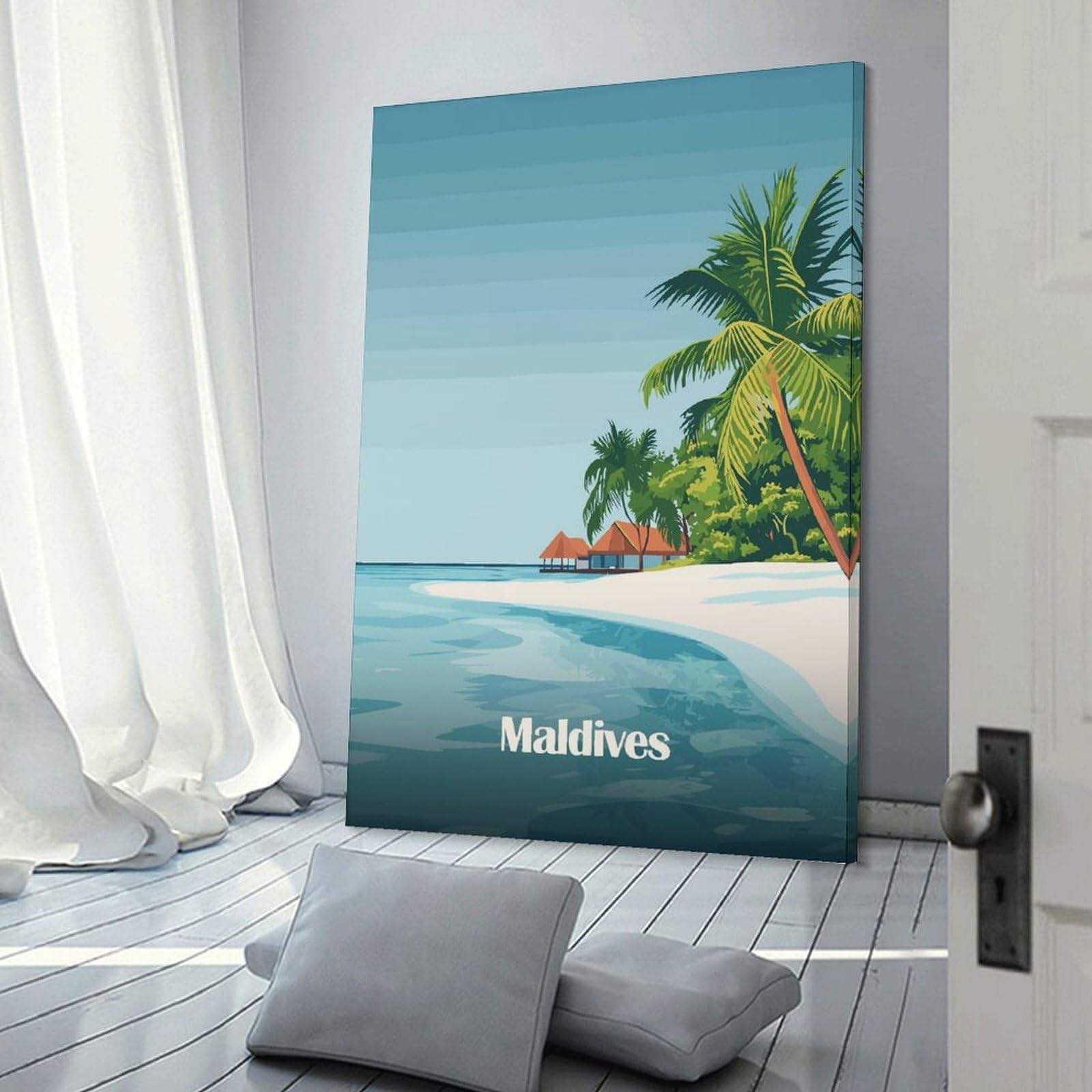 Junmoney Frame-Style-14 Maldives Beach Scene Room Decor Wall Art 24X36inch(60X90cm), For Entrance Walls, Hall Decor Or Foyers, A Neat Decor Update For Hallways