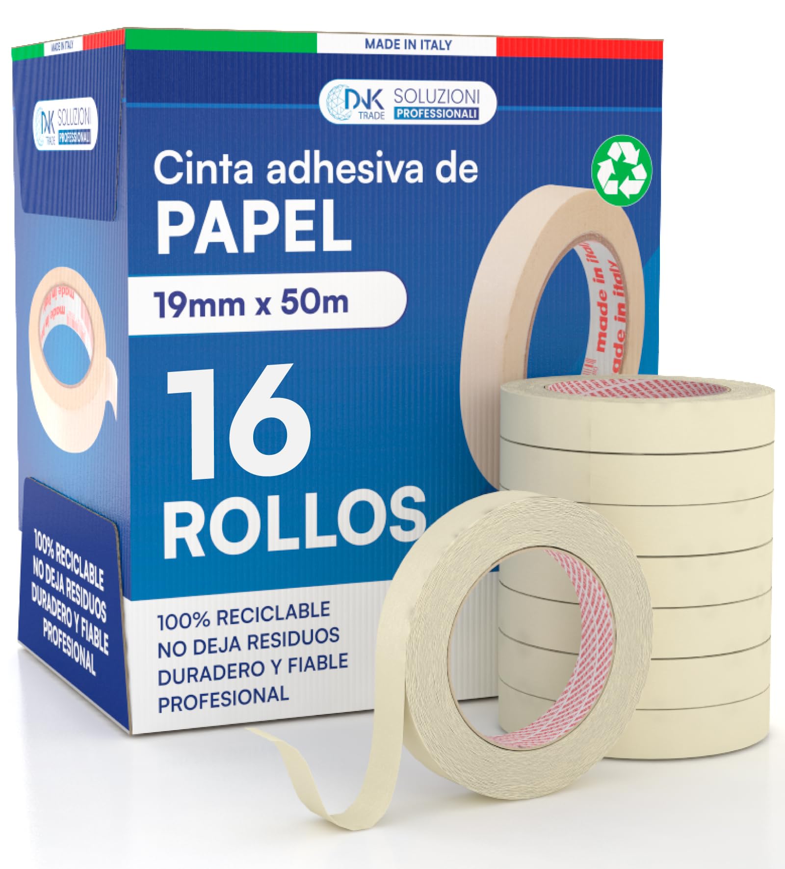 DNK TRADE 16x Cinta de Carrocero Para Pintar y Enmascarar 19mm x 50m - Removible Sin Residuos, Sin Disolventes - Cinta de Pintor Con Papel