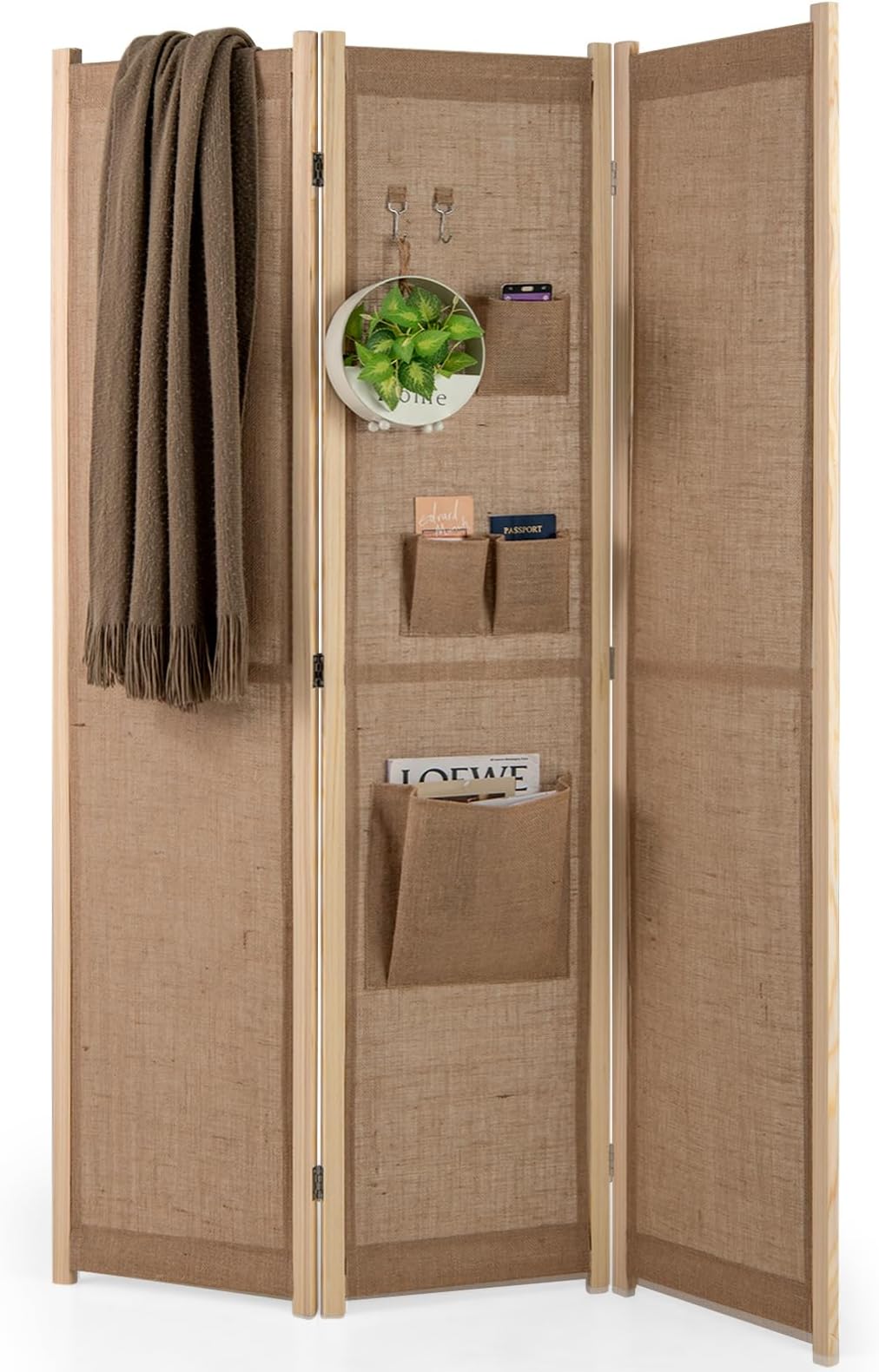 COSTWAY 3 Panel Folding Room Divider, Linen Fabric Wall Privacy Screen Protector with 4 Storage Bags & 2 Hooks, Freestanding Room Partition Paravent Separator for Bedroom Living Room Office, 120x170cm