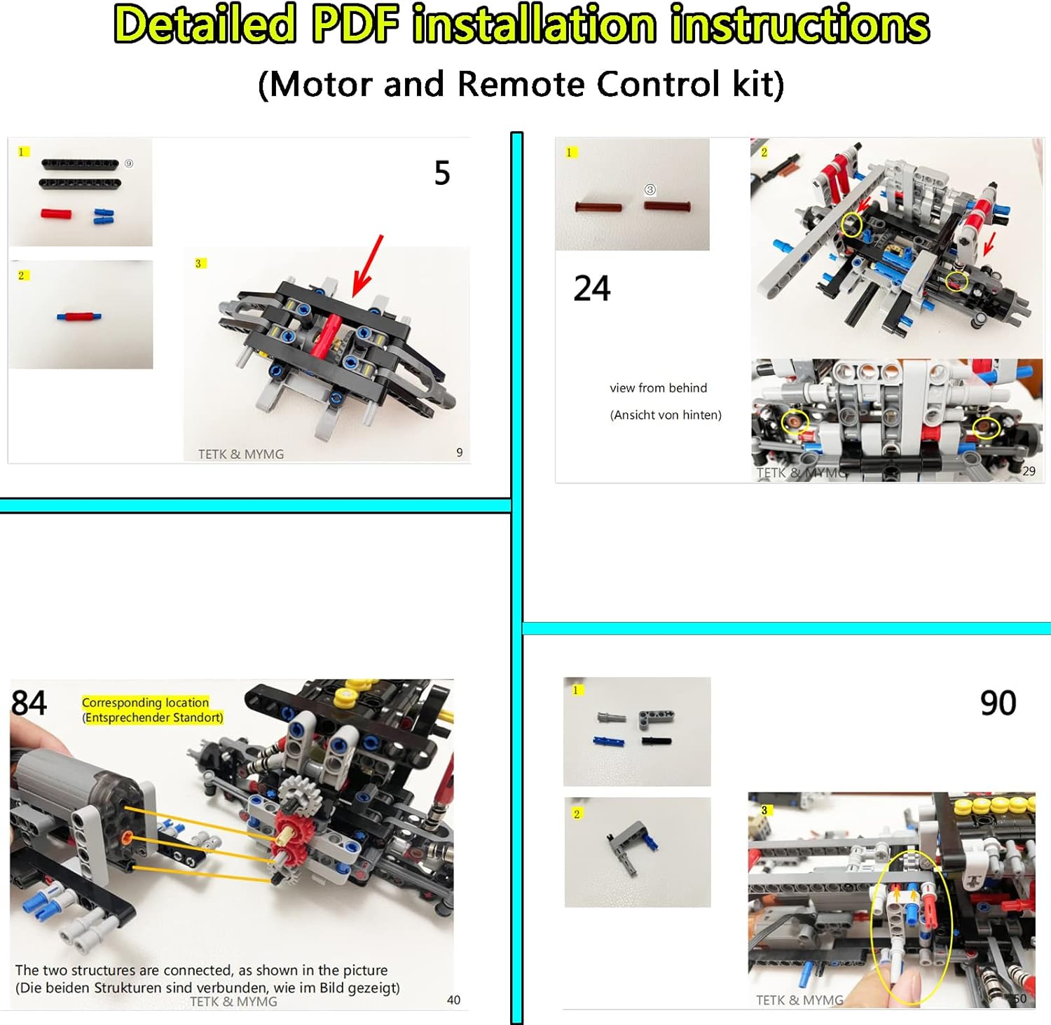 Example pages from the detailed PDF installation instructions for the motor and remote control kit, showing step-by-step assembly.