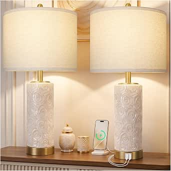 KIVDITZO 25.5" Boho Ceramic Table Lamps Set of 2 with 3-Way Dimmable Bulb