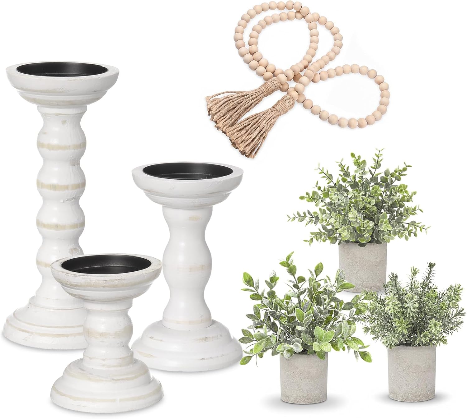 7 Pcs Farmhouse Table Decor Set 3 Rustic Centerpiece Wood Candle Holders 3 Fake Plants and Wooden Bead Garland Coffee Table Decor Dining Kitchen Shelf Living Room Desk Tiered Tray Decoration