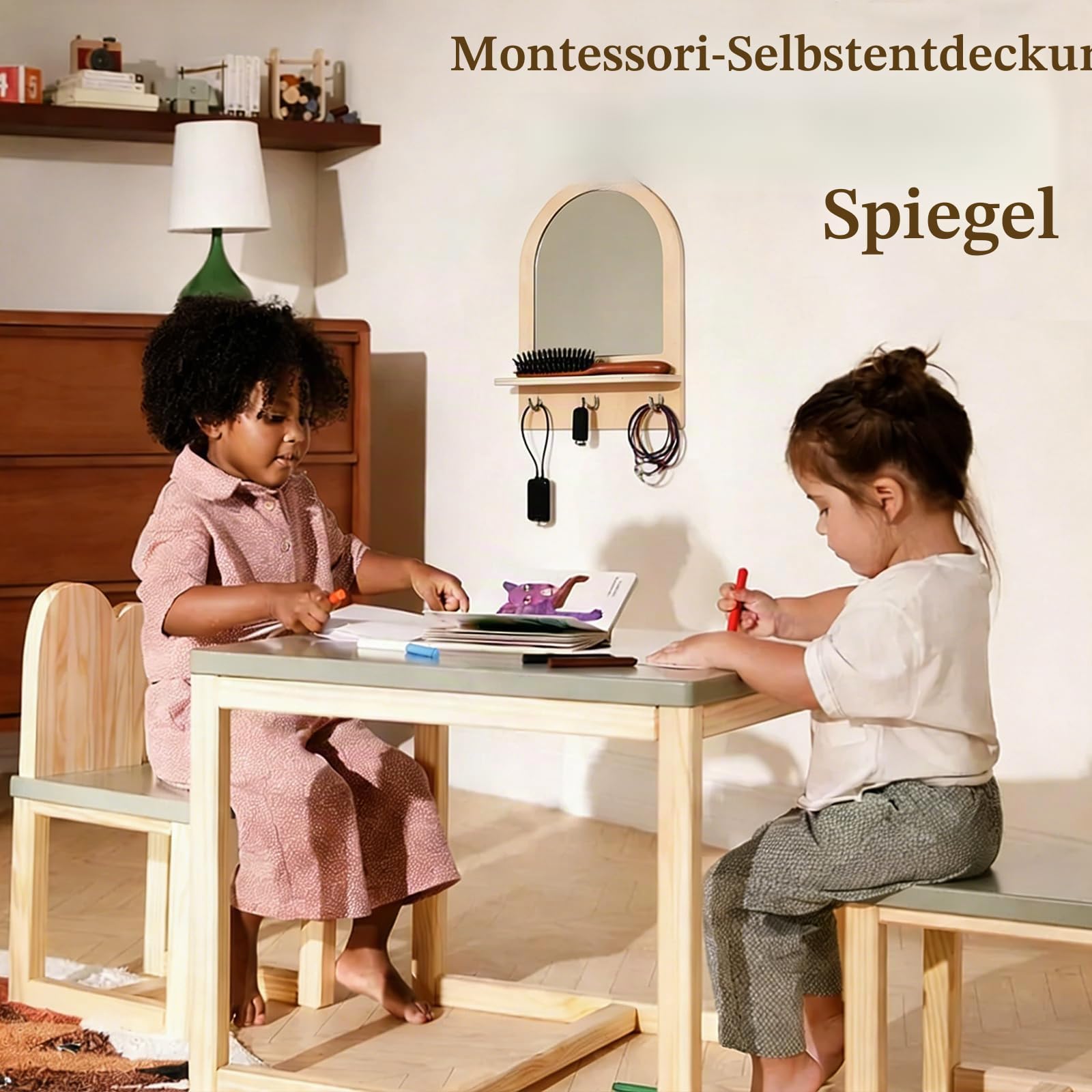 Montessori Spiegel aus Holz und Acryl für Kleinkinder, Wandmontage, Spiegel mit Haken & Regal, bruchsicher, Naturholz, einfache Montage, Möbel für Eingangsbereich, Kinderzimmer, Wohnzimmer, Flur