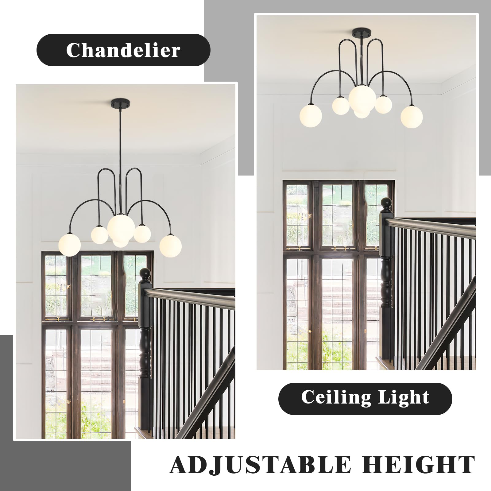 KCO Lighting Lampadario Sfere Soggiorno, Lampadario Sputnik 6 luci nero con Sfere in Vetro, Design Moderno per Sala da Pranzo, Camera da Letto, Ingresso e Cucina