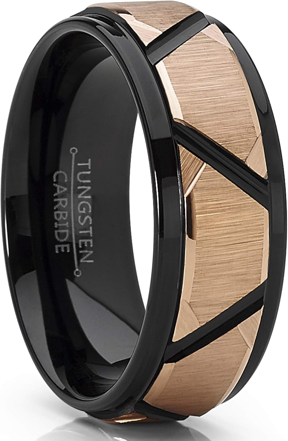 Metal Masters Co. Men's Tungsten Carbide Wedding Ring Black and Rose Goldtone Faceted Band 8mm