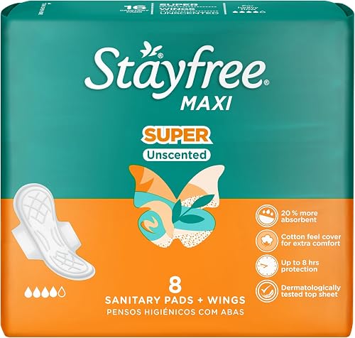 Stayfree Maxi Sanitary Pads Super Thick Unscented, Period Protection with Anti-Leak Channels & Wings for extra comfort, Comfortable Dry Feel, Disposable Feminine Hygiene Pads Pack