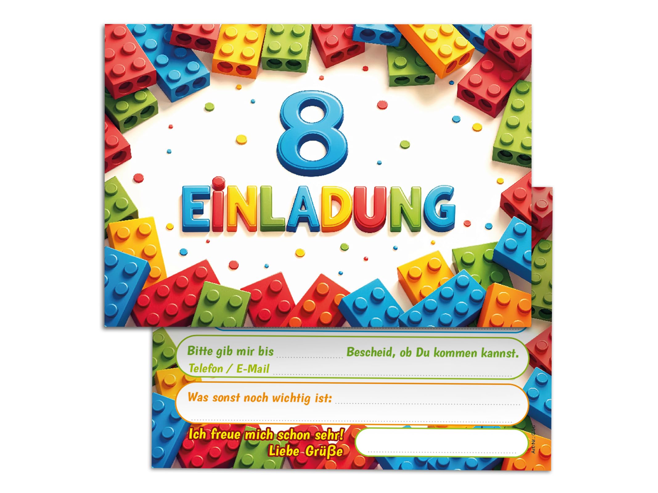 Junaversum 8 Einladungskarten zum 8. Kindergeburtstag Bausteine Kinder Jungen Mädchen coole bunte Einladungen achte Geburtstag Geburtstagseinladungen Kids