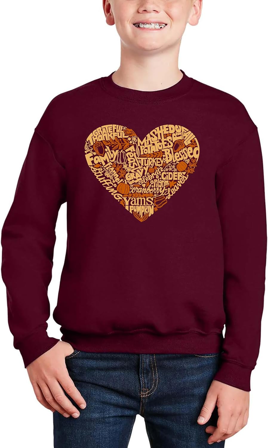 Thanksgiving Heart - Boy's Word Art Crewneck Sweatshirt