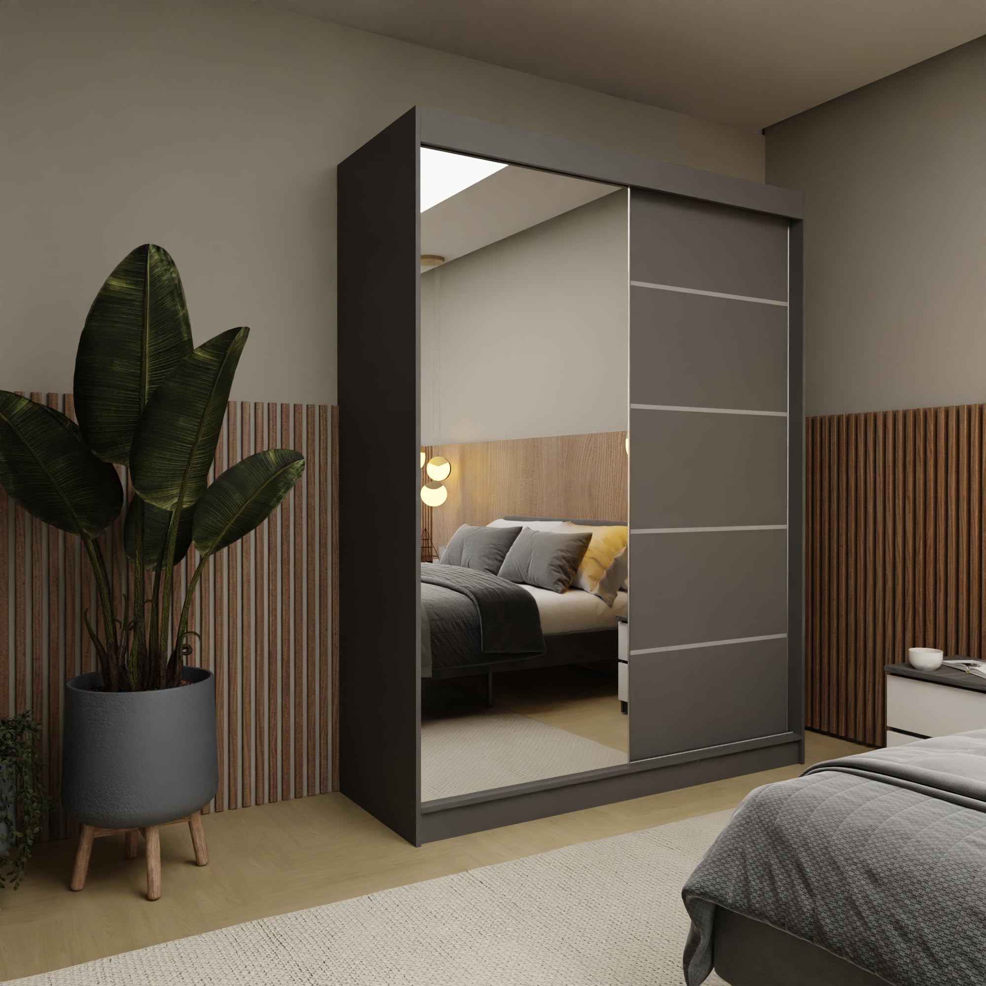 Kleiderschrank Samantha 150cm, Schwebetürenschrank mit Spiegel und Sprossen, Schlafzimmerschrank, Garderobenschrank, Kleiderstange, Regalfächer, moderner Mehrzweckschrank, grau