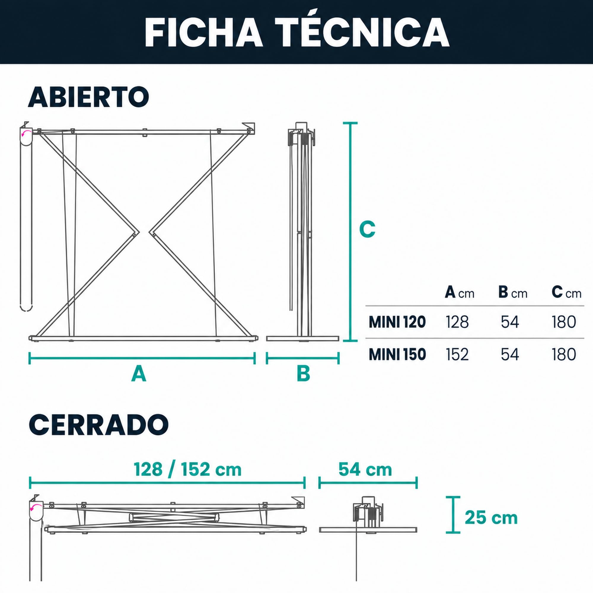 foxydry Mini, tendedero de Techo, Plegable, Sube y Baja, 152 cm | de aluminio y acero inoxidable, ahorra espacio, uso interior y exterior, antióxido, elevación vertical, soporta 10 kg, gris