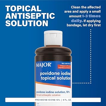 Major 10% Povidone-Iodine Liquid Topical Solution, USP - Topical Antiseptic for Cuts, Scrapes, Burns, and Minor Skin Wounds - 8 Fl. Oz.