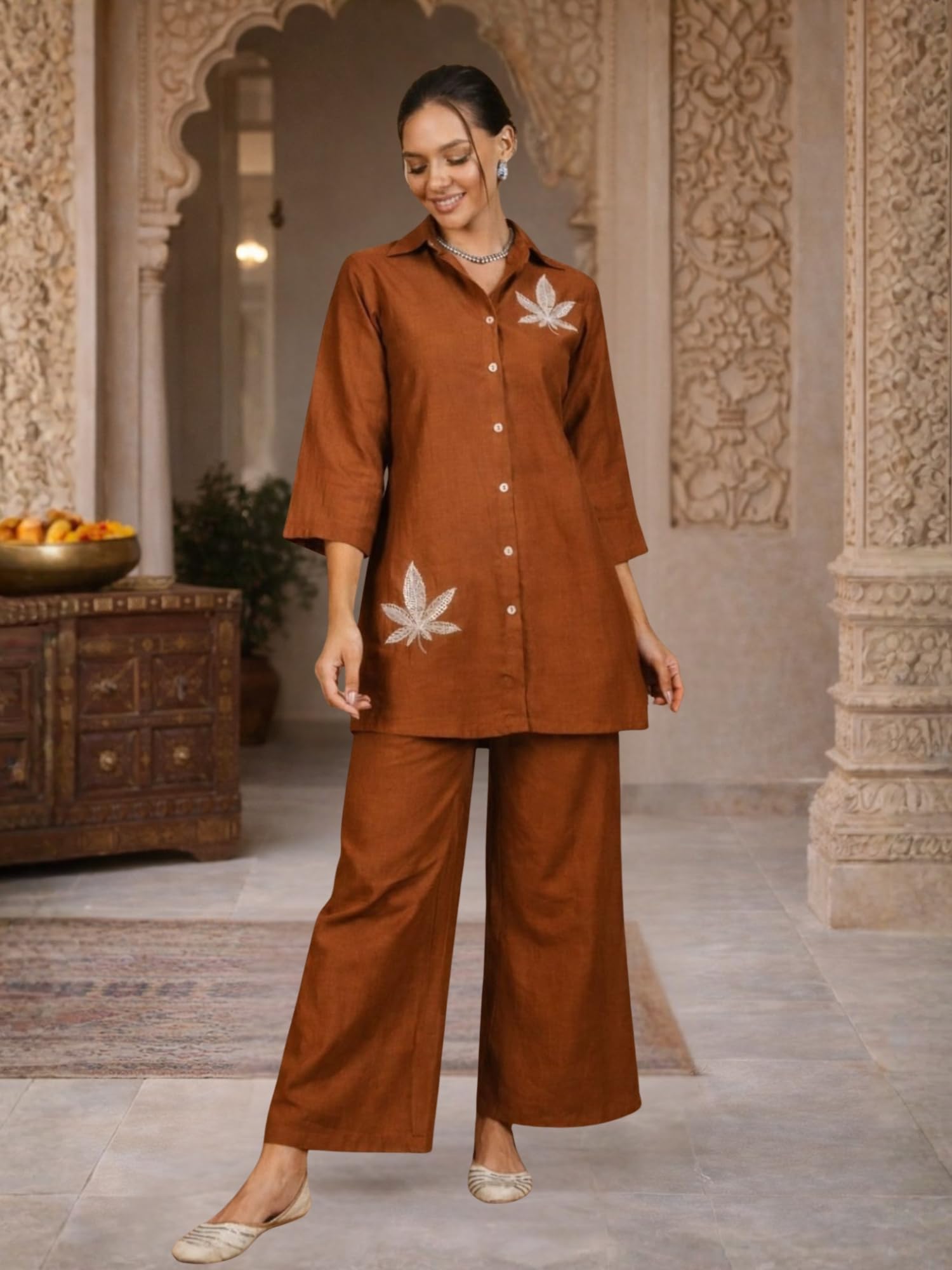 WineRed Women Solid Rust Leaf Embroidery Co-Ord Set 3