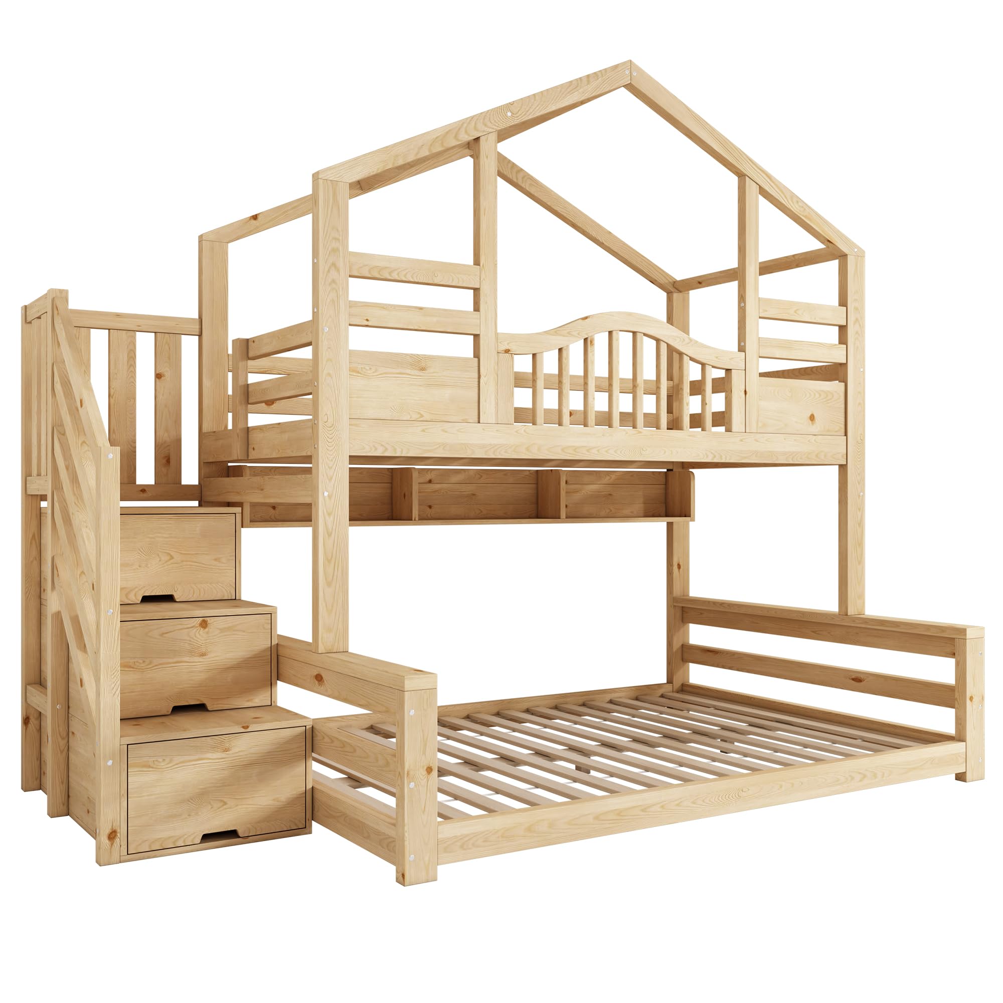 Lit Superposé Enfant avec escalier de rangement et étagères, Lit Enfant multifonctionnel avec 90x200 partie supérieure et 140x200 partie inférieure, en bois naturel Beige Clair Naturel (Sans Matelas)