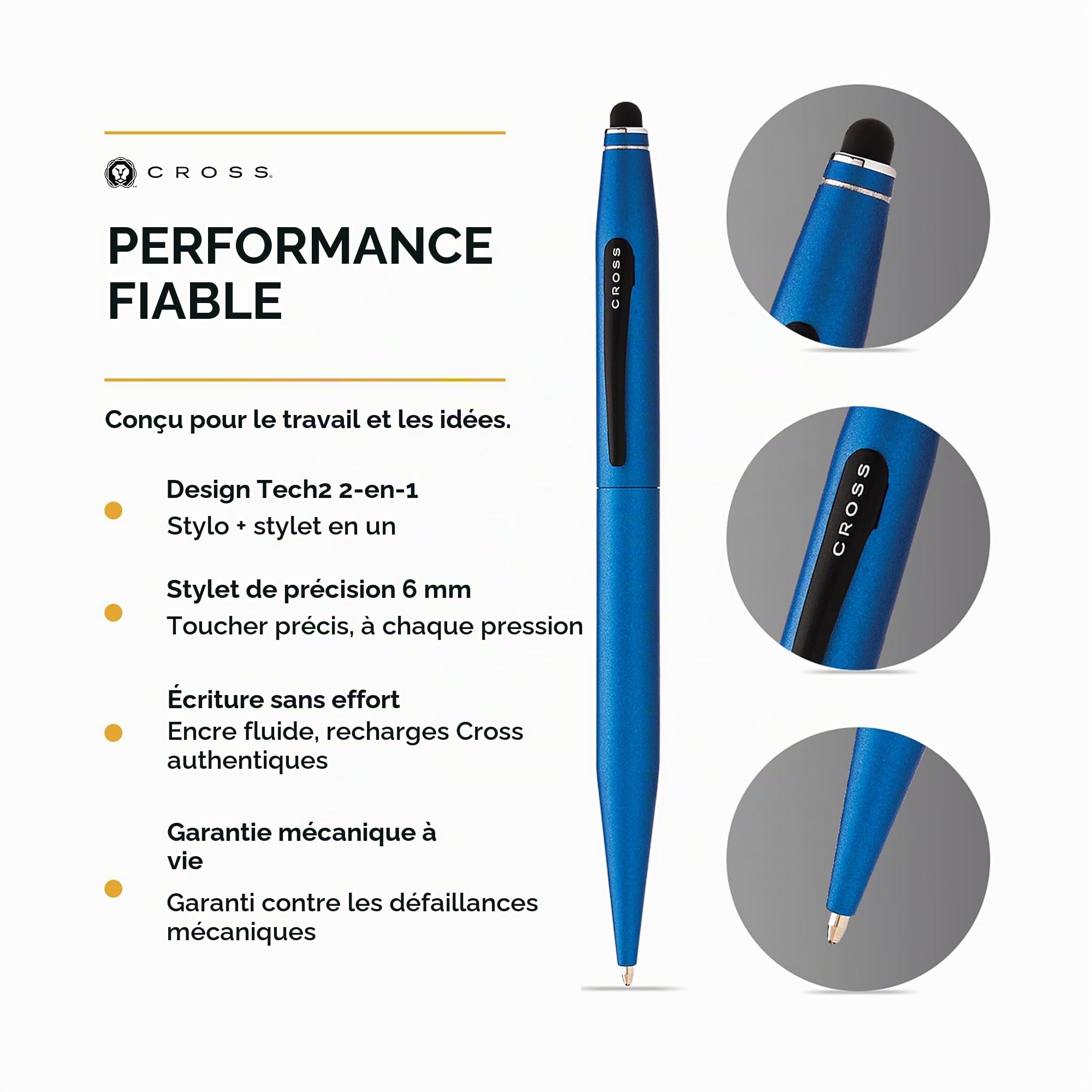 Cross Tech2 Stylo Bille + Stylet Bleu Métallique