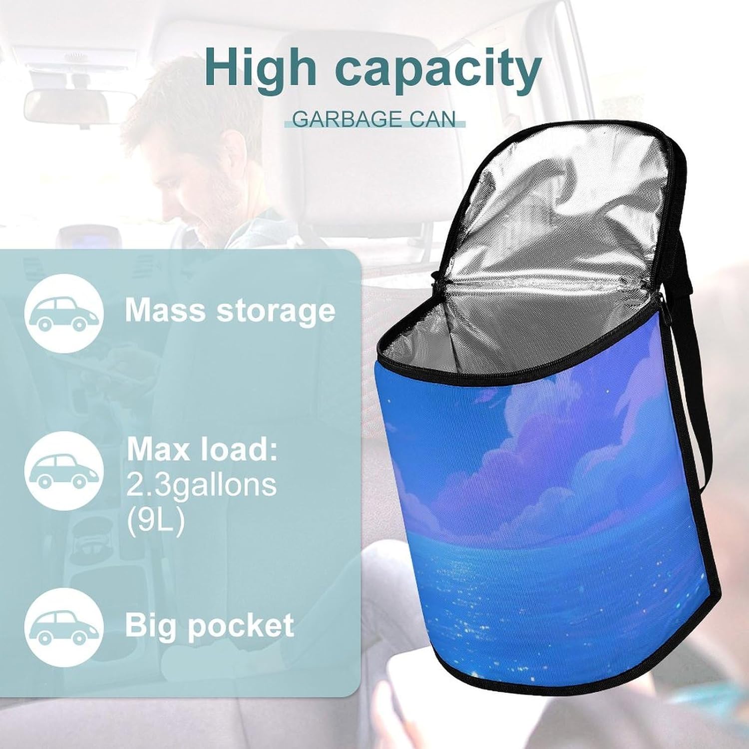MUSM Leakproof Car Trash Can 2.5 Gallon, Durable Automotive Garbage Bag with Waterproof Liner, Fluorescent Sea Trash Bag for Car, Truck, RV & Bathroom