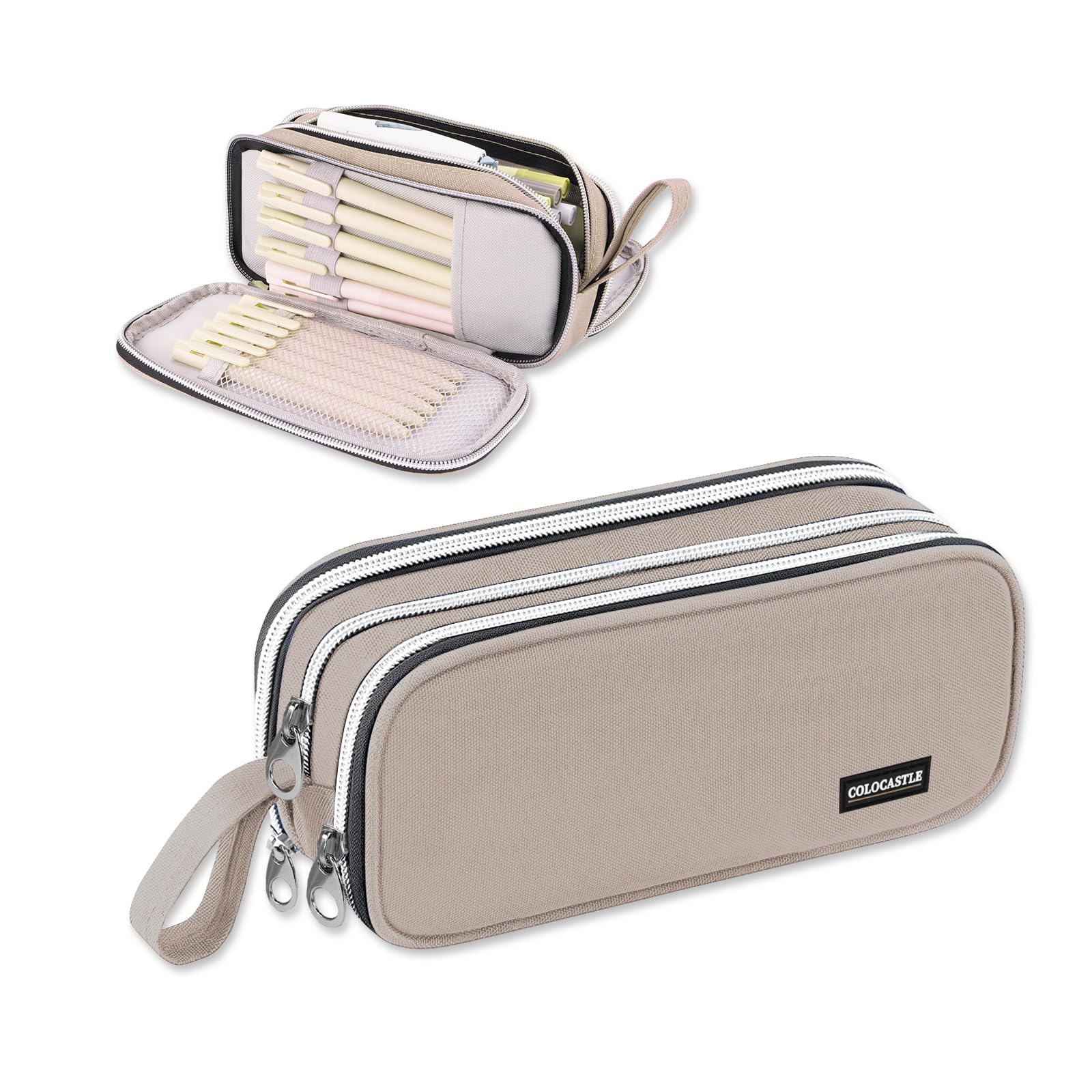 COLOCASTLE Large Capacity Pencil Case with 3 Compartments, Pencil Pouch with Handle, Pen Pouch School Supplies Office Organizer, Pen Case for Girls, Boys, Teens, Adults, Students