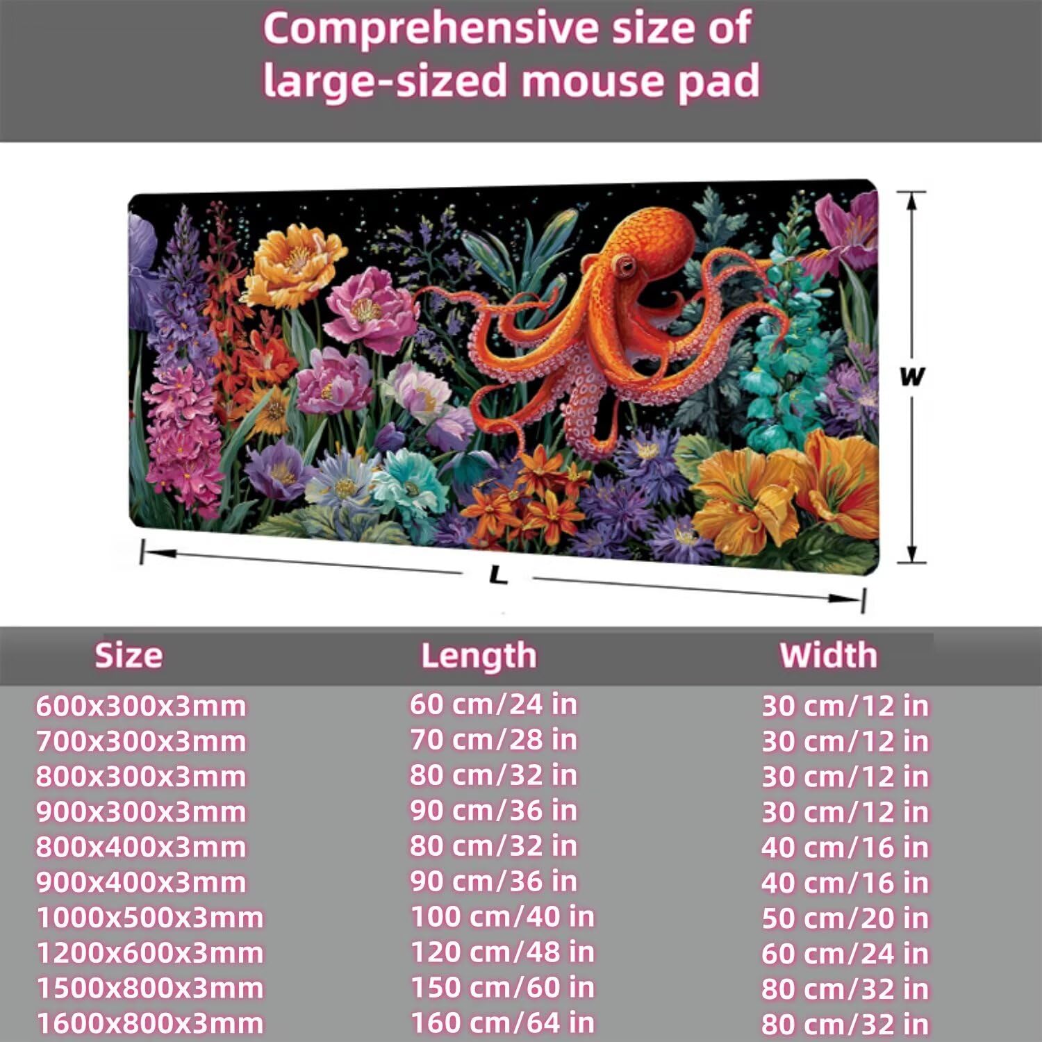 Podkładka pod mysz z ośmiornicą XXL 1600 x 800 x 3 mm pod ręką akcesoria do gier, podkładka pod mysz do klawiatury z przeszytymi krawędziami i antypoślizgowym tyłem, wysoka precyzja i szybkość, dla