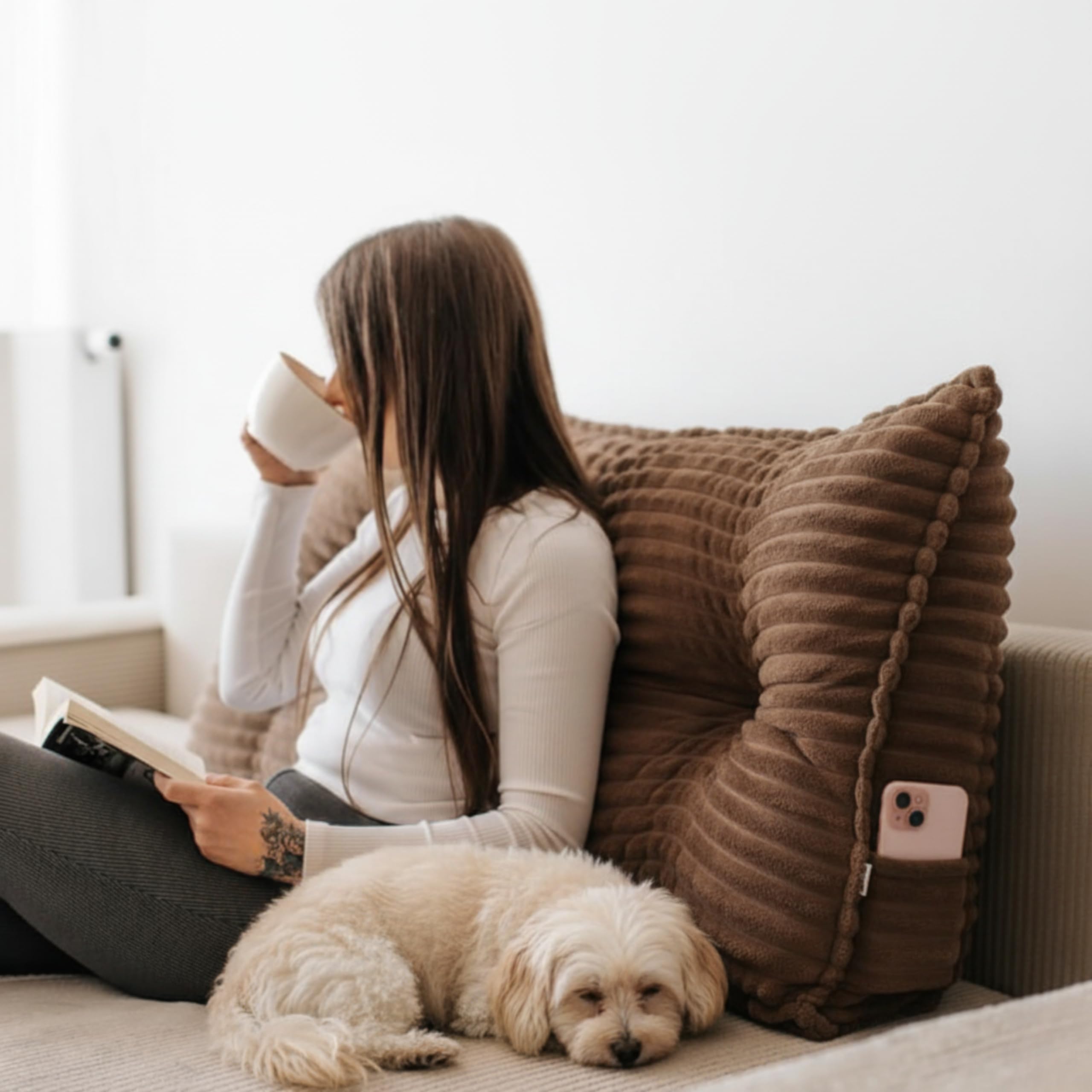Coussin De Dossier Lit/canapé 160 Cm – Avec Poche Téléphone, Rembourrage Dense, Tissu Doux (créme Bouclé)