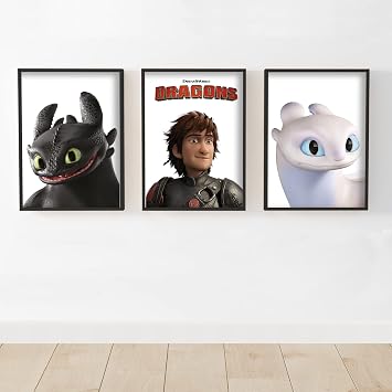 Themed How To Train Your Dragon - Hiccup, Toothless and Light Fury Set of 3 Prints Wall Art Poster Unframed, A4