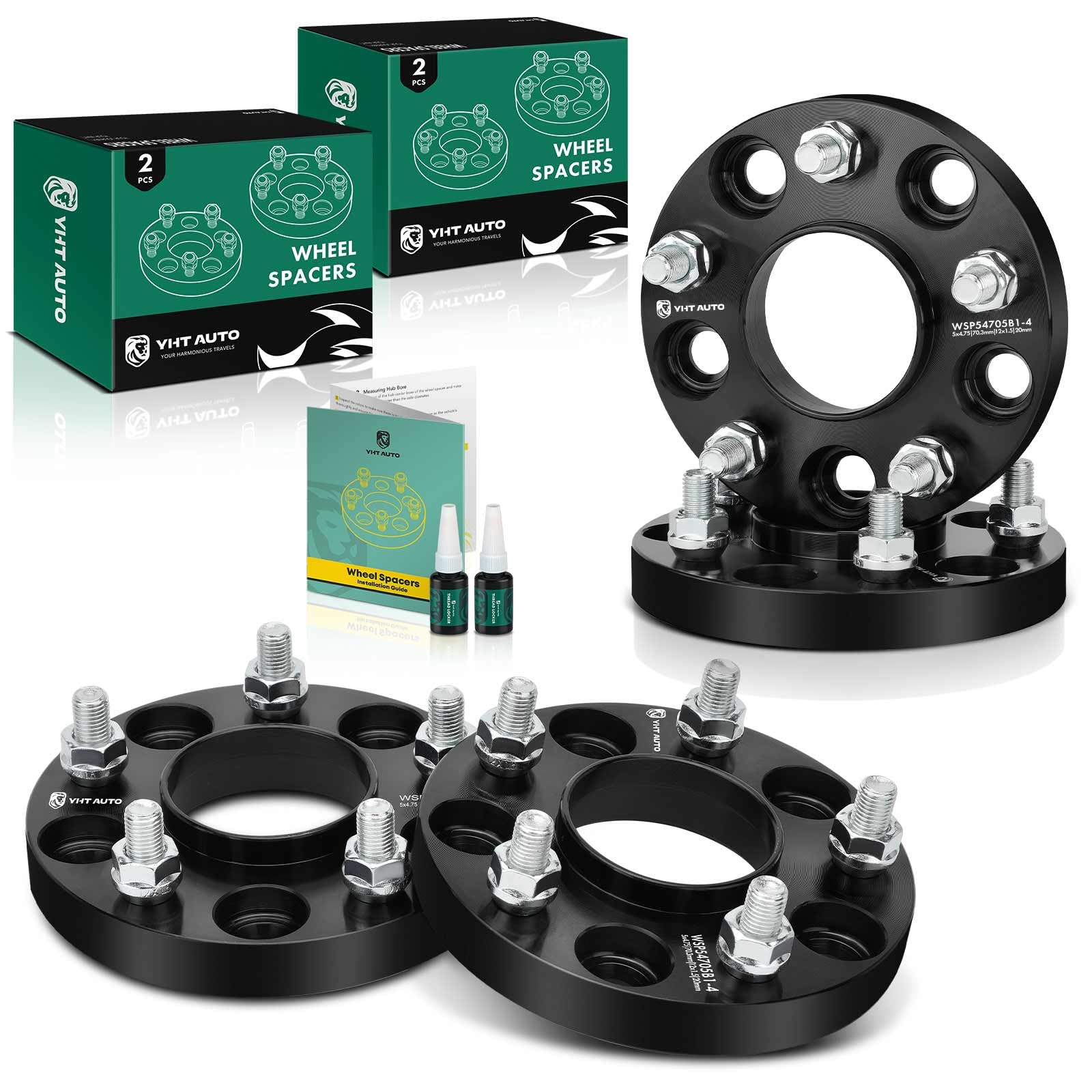 YHTAUTO 5x4.75 Wheel Spacers 20mm Compatible with 1979-2019 Chevrolet, GMC, Buick, Cadillac, Pontiac Models Tire Spacers w/ M12x1.5 & 12.9 Grade Studs, 70.3mm Hub Bore 5 Lug 4PCS Black Wheel Adapter