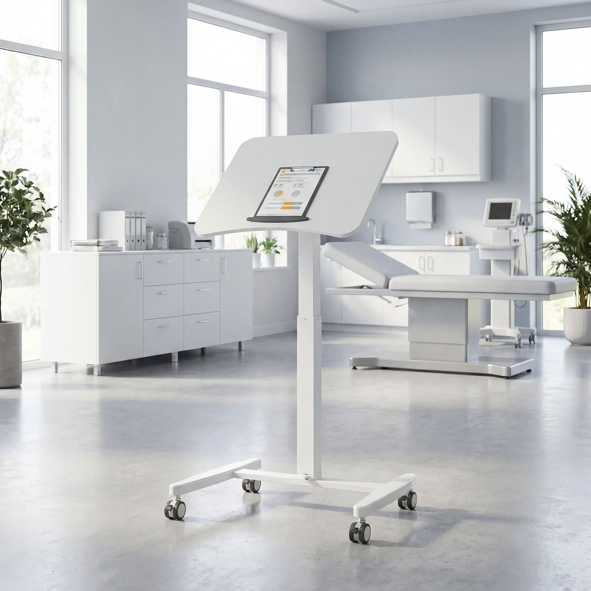 HOMCOM Laptoptisch Höhenverstellbar mit Rollen 60x52cm Tischplatte Weiß | Bestelltisch, Schreibtisch, Neigbarer, Computertisch mit Sicherheitsstopper, Mobiler Stehpult Pneumatisch, für Büro, Sofa
