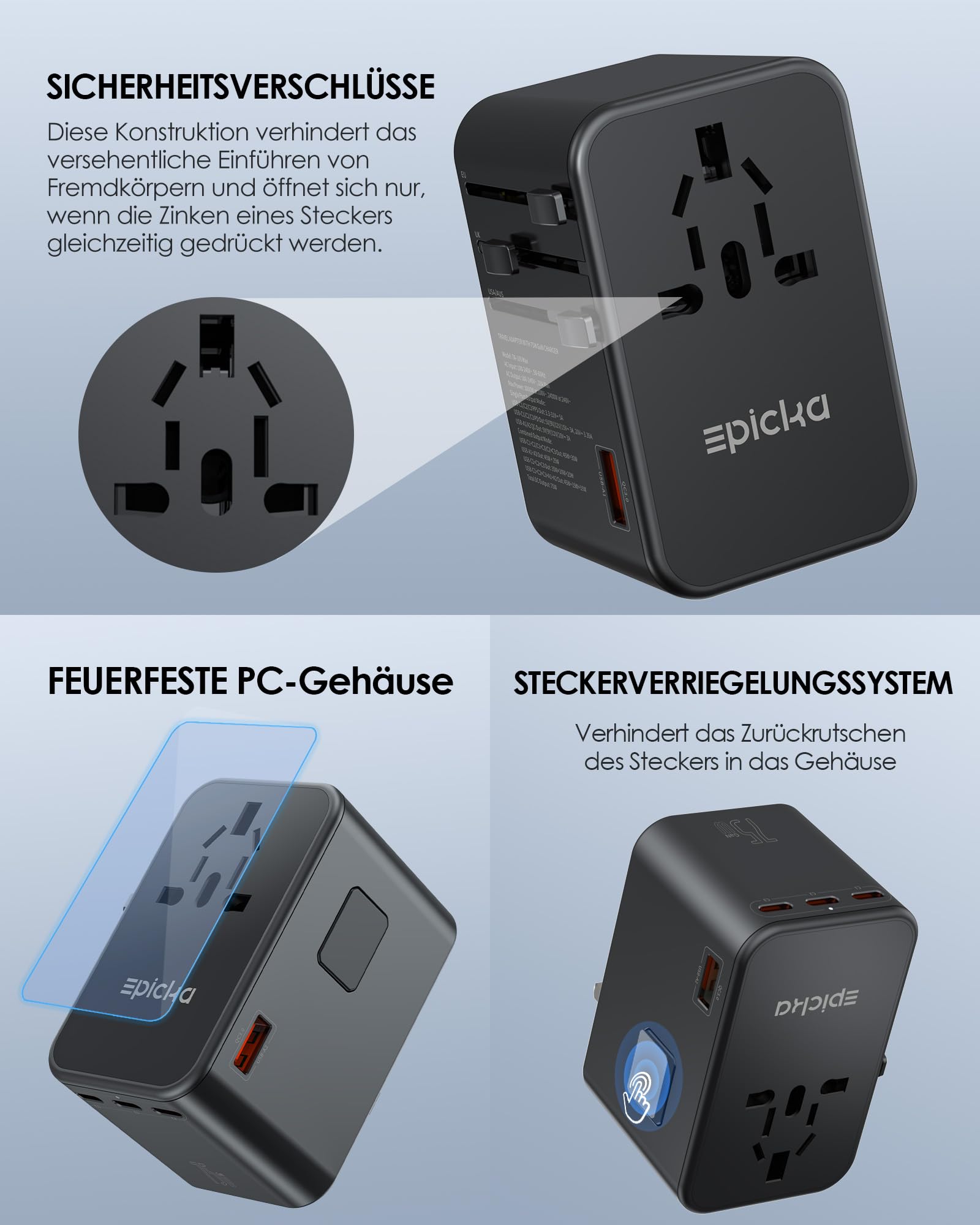 EPICKA GaN Adapter Podróżny, 75W PD Adapter Podróżny do Szybkiego Ladowania, Uniwersalna Adapter z 3 USB-C, 2 USB-A, Międzynarodowy Adapter do Gniazda do DE USA, UK, Japonii, Tajlandii