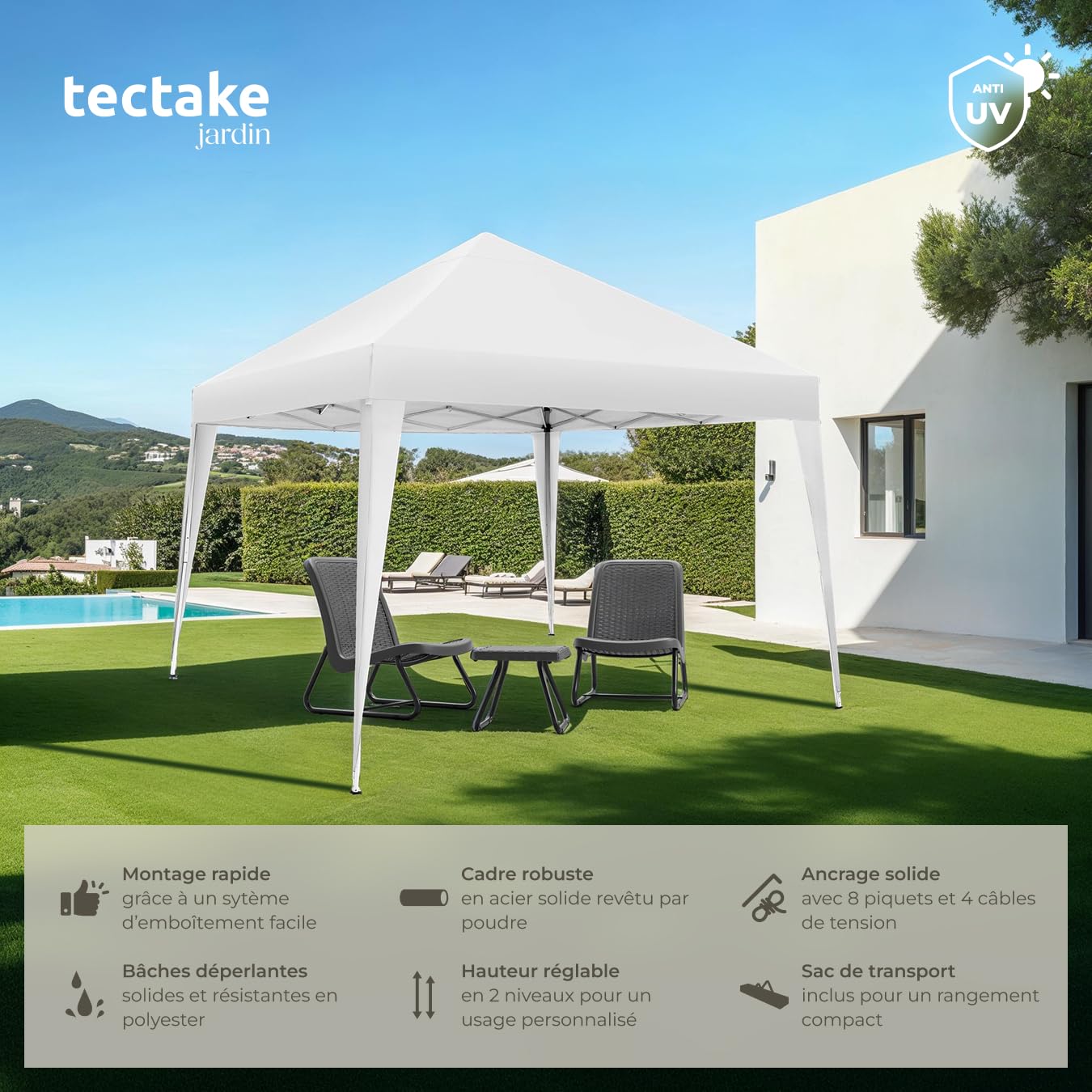 tectake® Tonnelle de Jardin 3x3m en Acier époxy Pliable Tente de réception Pavillon, Imperméable, Sac de Transport Inclus, Tonnelle terrasse Exterieur Tente de réception Barnum Mariage Baptême