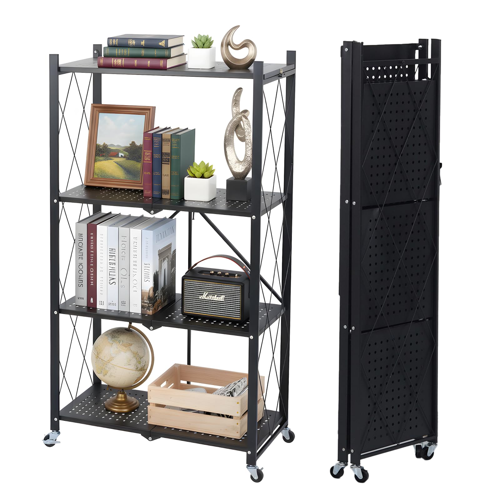 4 tier foldable storage shelf with wheels, collapsible metal rack shelving unit, no assembly required, rolling cart shelf rack organizer for books, garage, kitchen, closet, pantry, exhibition, black
