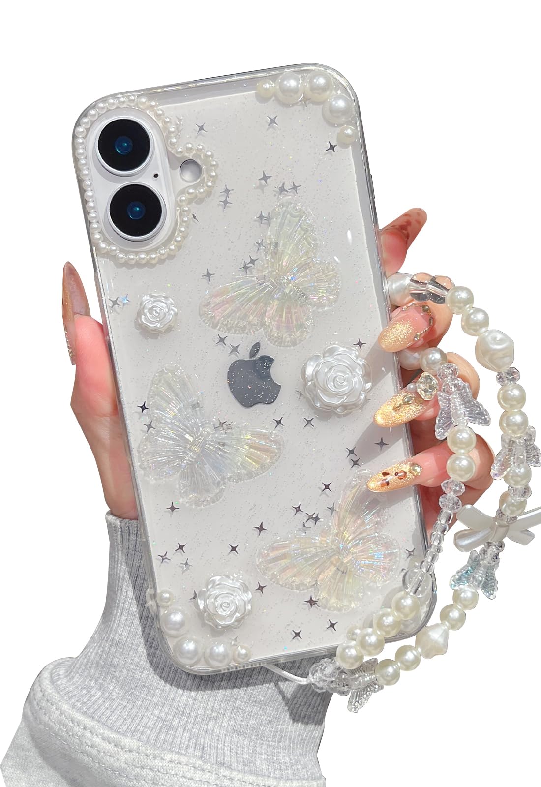 Compatible for iPhone 16 Plus Case(6.7") with Cute 3D Bowknot and Pearl Patterns + Bow Cute Pearl Chain Aesthetic Design Slim Phone Case for Women Teen Girls, Clear/Style 2