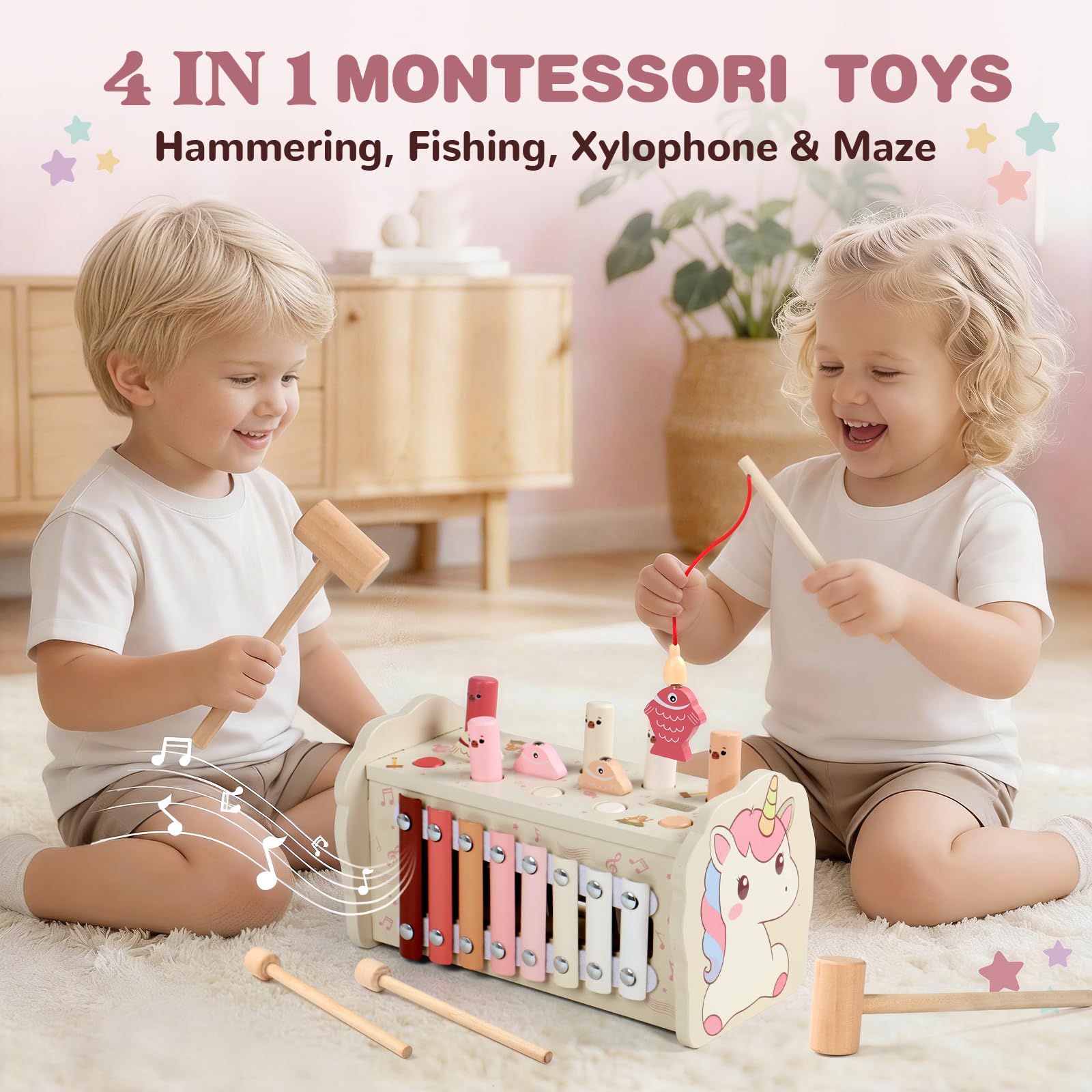 Montessori Spielzeug ab 1 Jahr - Motorikspielzeug Holzspielzeug enthält Hammerspiel ab 1 Jahr, Xylophon Kinder 1 Jahr und Angelspiel Kinderspielzeug Baby Spielzeug Geschenk 1 2 3 Jahre Mädchen Junge