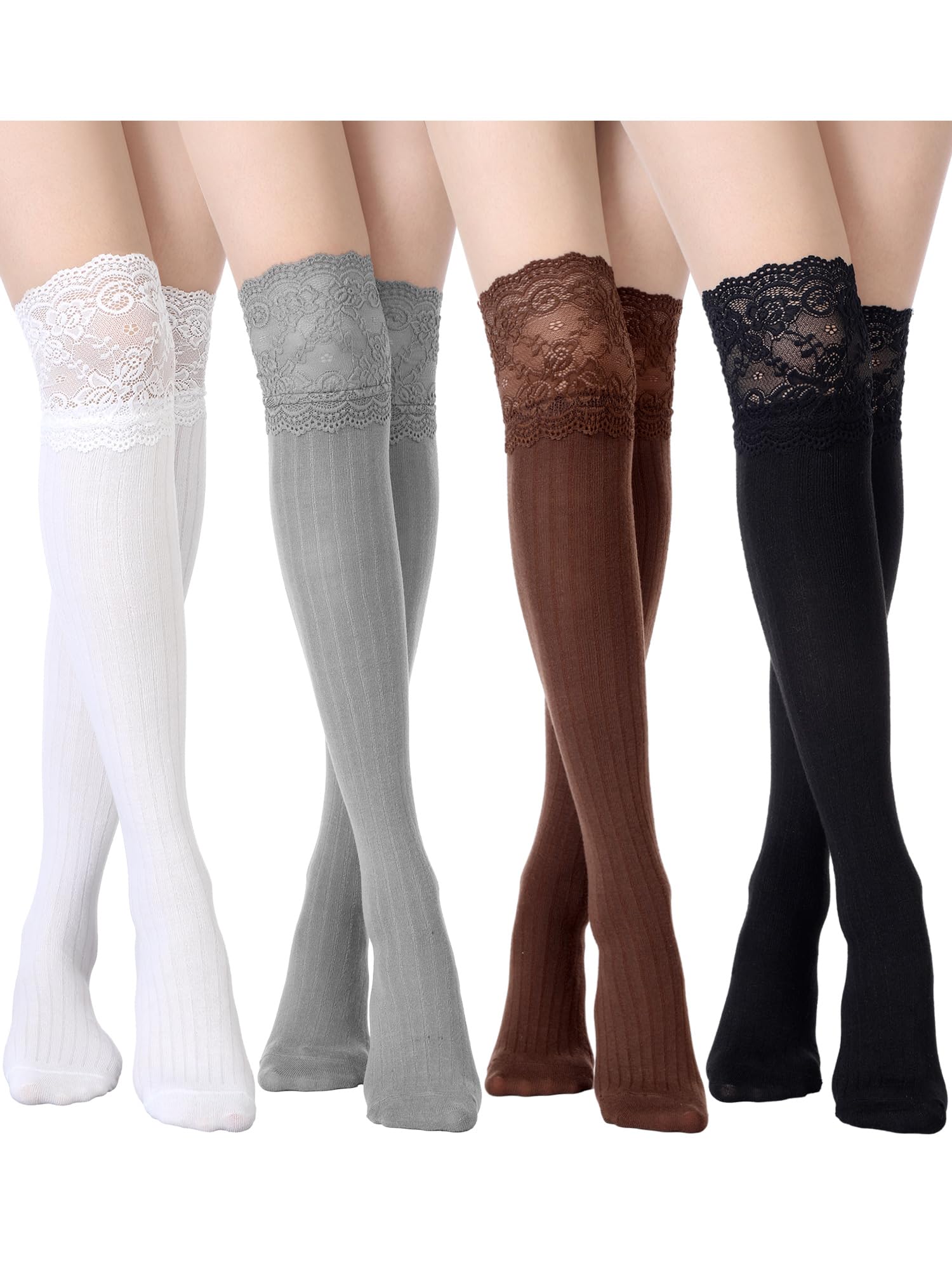 Fourluoo 4 Pairs Knee High Lace Socks