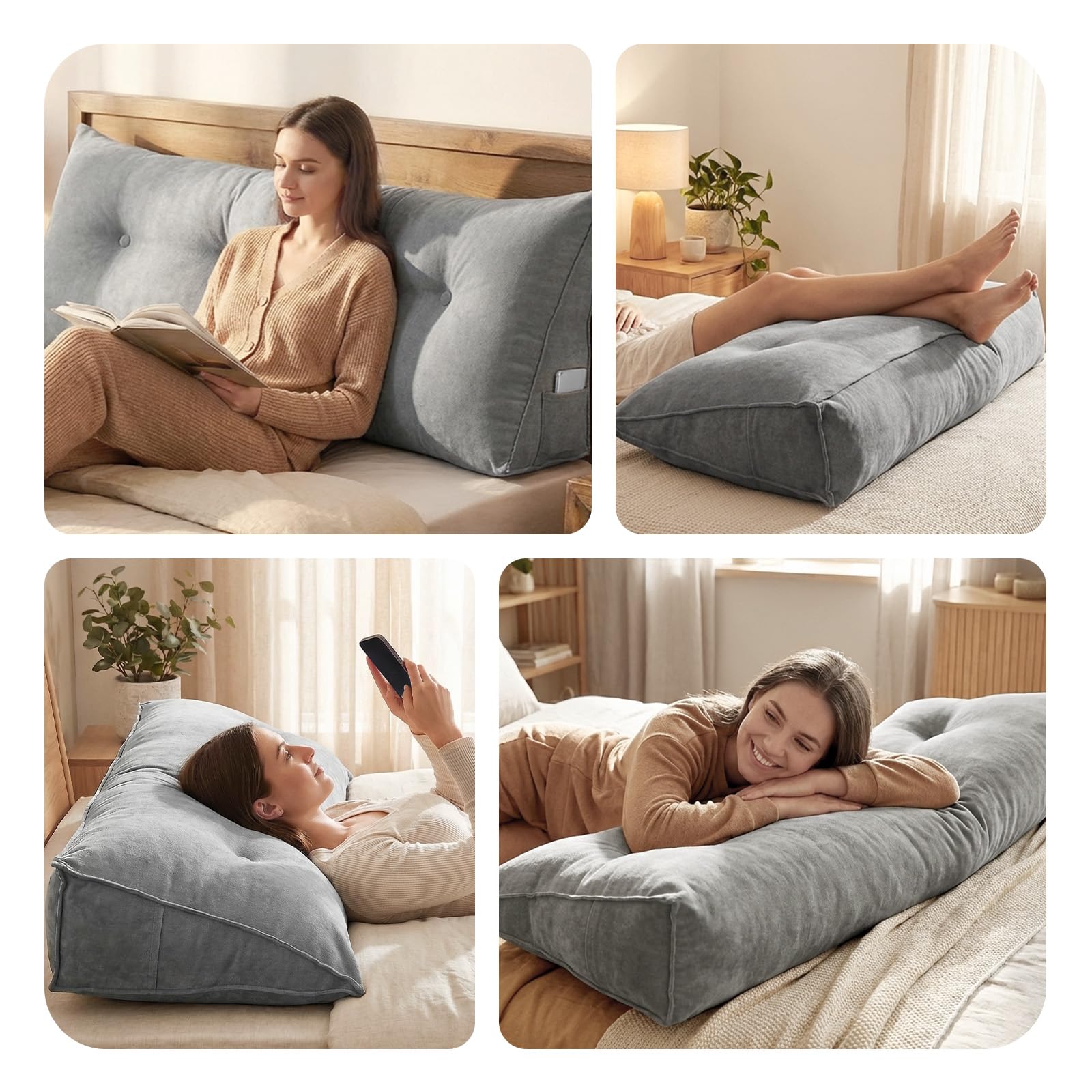 Treeboy Keilkissen Wandkissen Bett Kopfteil Bezug Sofakissen Rückenkissen | Lesekissen Für Bett Und Sofa Matratzenkeil Couchkissen Lumbalstütze Wedge Pillow Mit Seitentasche, Grau, 90 * 50 * 20cm