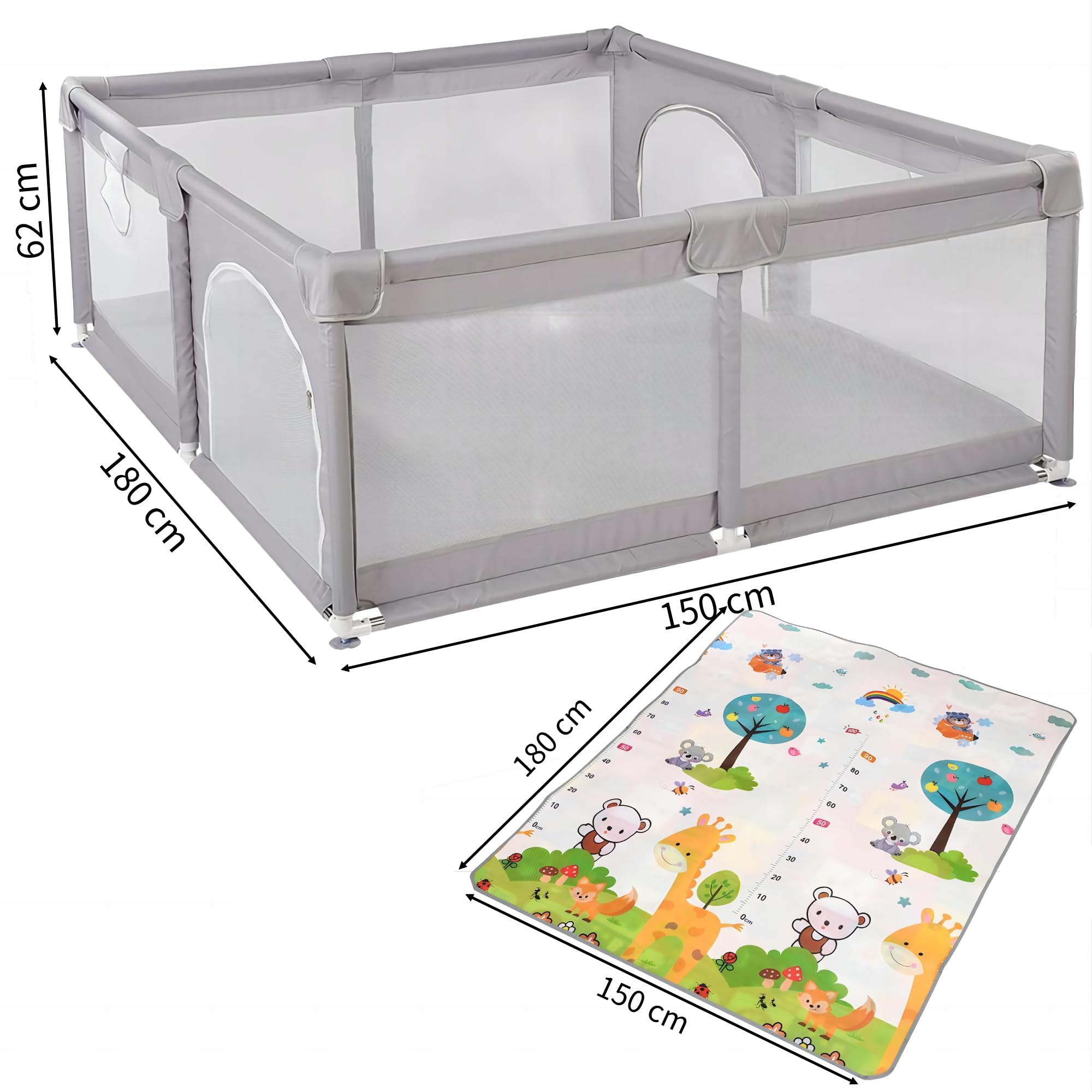 Parc Bebe Modulable 180 x 150 x 66 cm en Tissu Oxford, Parc Enfant avec Barrières, 2 Anneaux de Préhension, 8 Ventouses et Tapis de Jeux, Parcs de Jeux Bébé Intérieur/Extérieur (Gris clair)