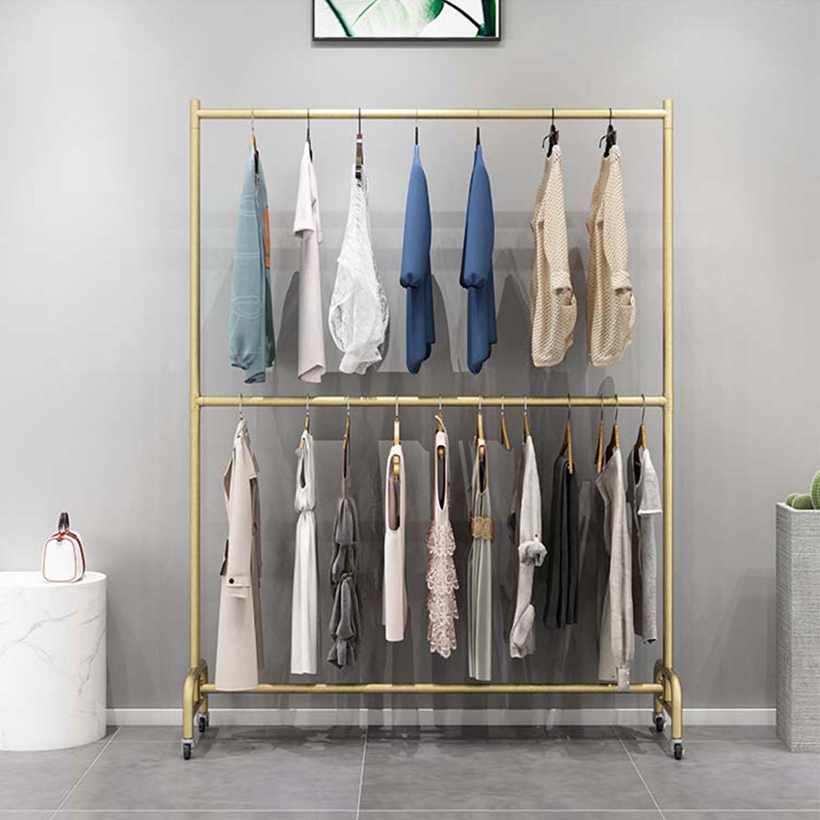 Appendiabiti A Doppia Aste Con Ruote, Porta Abiti In Metallo Per Appendere Abiti, Attaccapanni Multifunzionale Con 2 Ripiani E 4 Ganci, Organizer Per Vestiti Per Camera Da (Size:80X30X170CM,Color:Oro