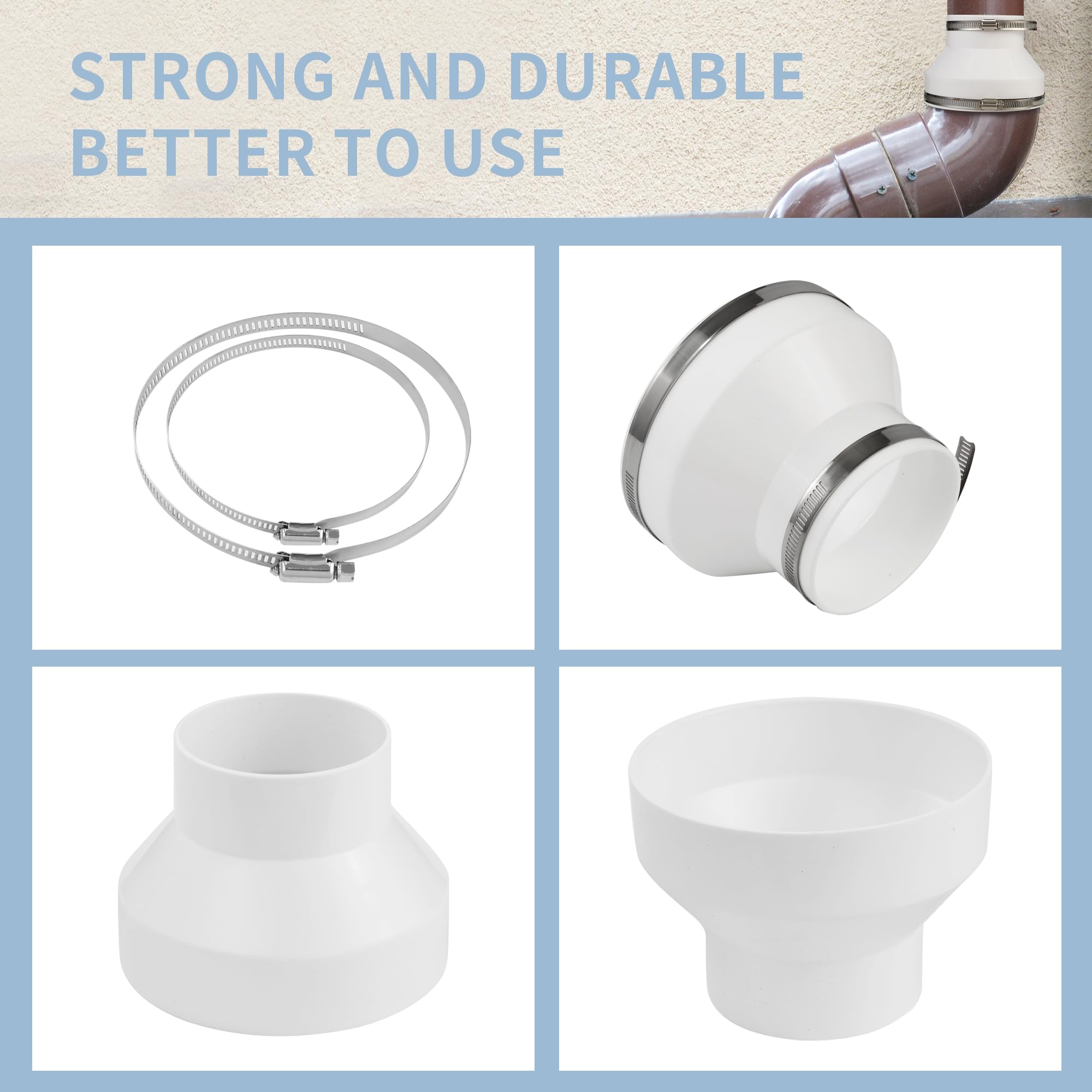 Adattatore per tubo tondo 150-100 mm con 2 fascette stringitubo in acciaio inox, riduttore in ABS, per condotti di ventilazione