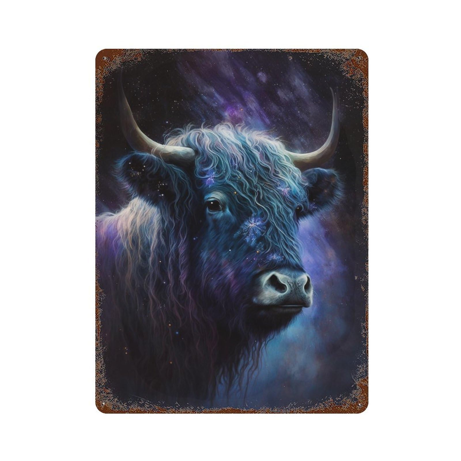 Weathered Tin Sign Cosmic Bull Painting-2 15.7"x11.8", Rustic Home Decor for Basement, Hobby Room And Garage Decor