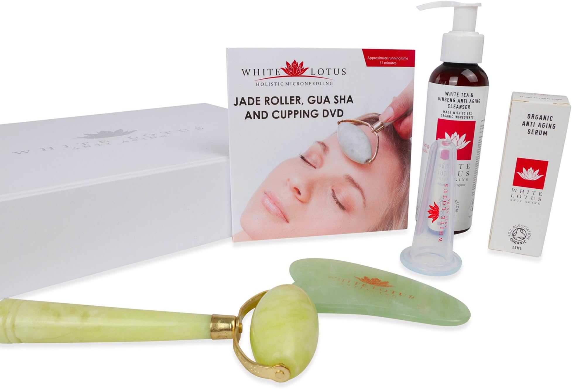 White Lotus Luxurious Jade Roller Pack for the Face, Includes Jade Facial Roller, Jade Gua Sha, Organic Facial Cleanser, Organic Anti Aging Serum, Massage Cup and Instructional DVD in a Silk Lined Box