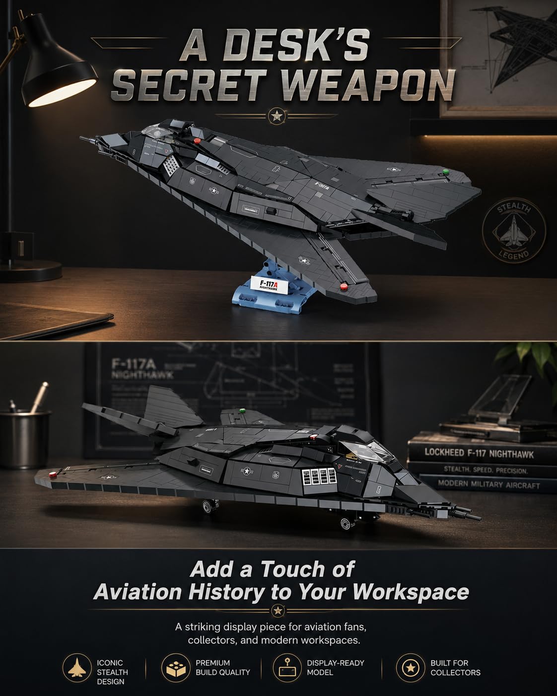 Set de construcción del avión de Combate F-117A, Compatible con Lego, 1375 Piezas, Modelo de avión furtivo de 50 cm con Soporte, Nighthawk Militar