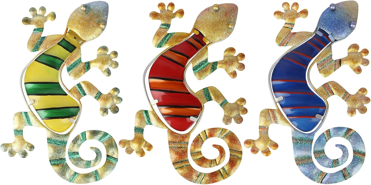 WANFSOWO 3D Metal Gecko Wall Art, 3 Pack Colorful Lizard Wall Decor, 9.65"x7.28" Hand-Painted Glitter Outdoor Garden Fence Sculpture, Indoor Outdoor Hanging Art Ornament for Patio Porch Backyard Gift